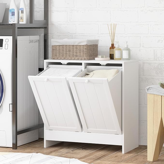 kleankin Double Tilt Out Laundry Hamper Cabinet with Storage, 19 Gallon Hidden Trash Can Cabinet with 2 Doors for Bathroom, Kitchen, White
