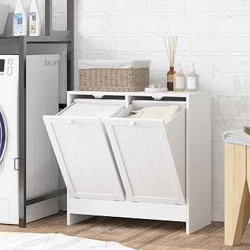 kleankin Double Tilt Out Laundry Hamper Cabinet with Storage, 19 Gallon Hidden Trash Can Cabinet with 2 Doors for Bathroom, Kitchen, White
