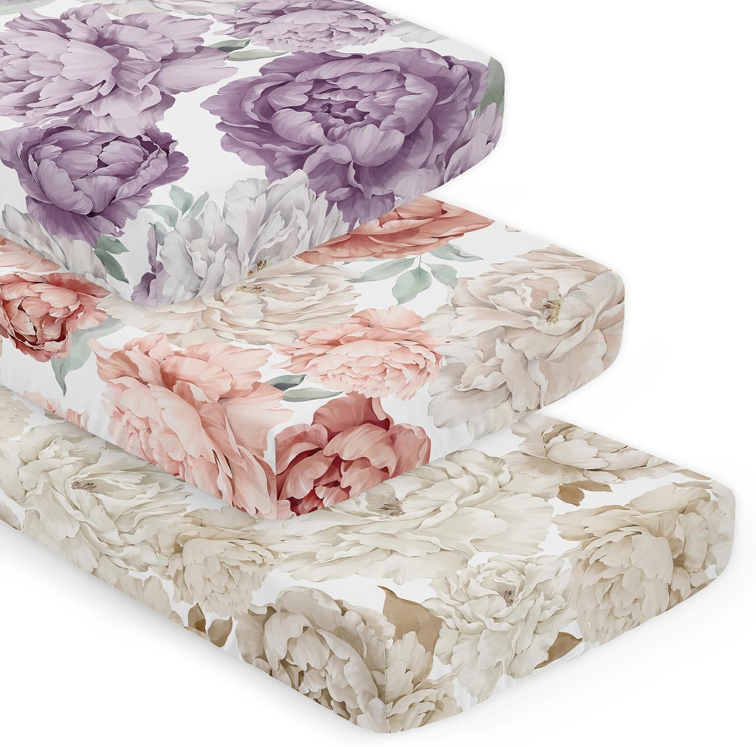 Sweet Jojo Designs 3-Piece Baby Crib Sheets Set (Boho Shabby Chic Floral) for Girls, Infant Nursery, Toddler Room - Fitted, Standard Size (Lavender Purple, Blush Pink, Taupe and Ivory Vintage Garden)