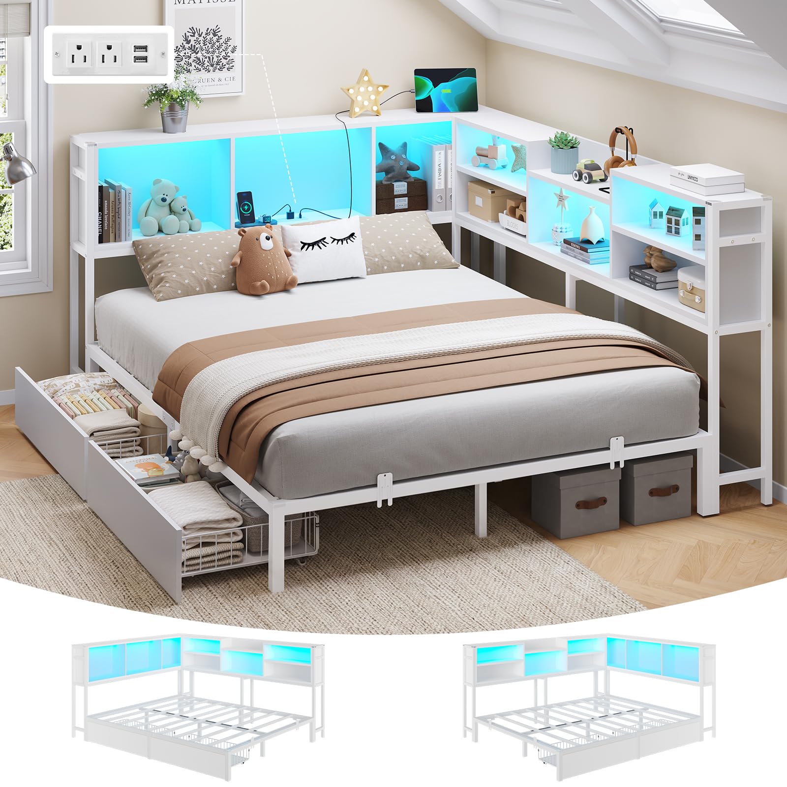 DICTAC Queen Corner Bed Frame with Storage Bookcase, 2 Drawers & LED Lights