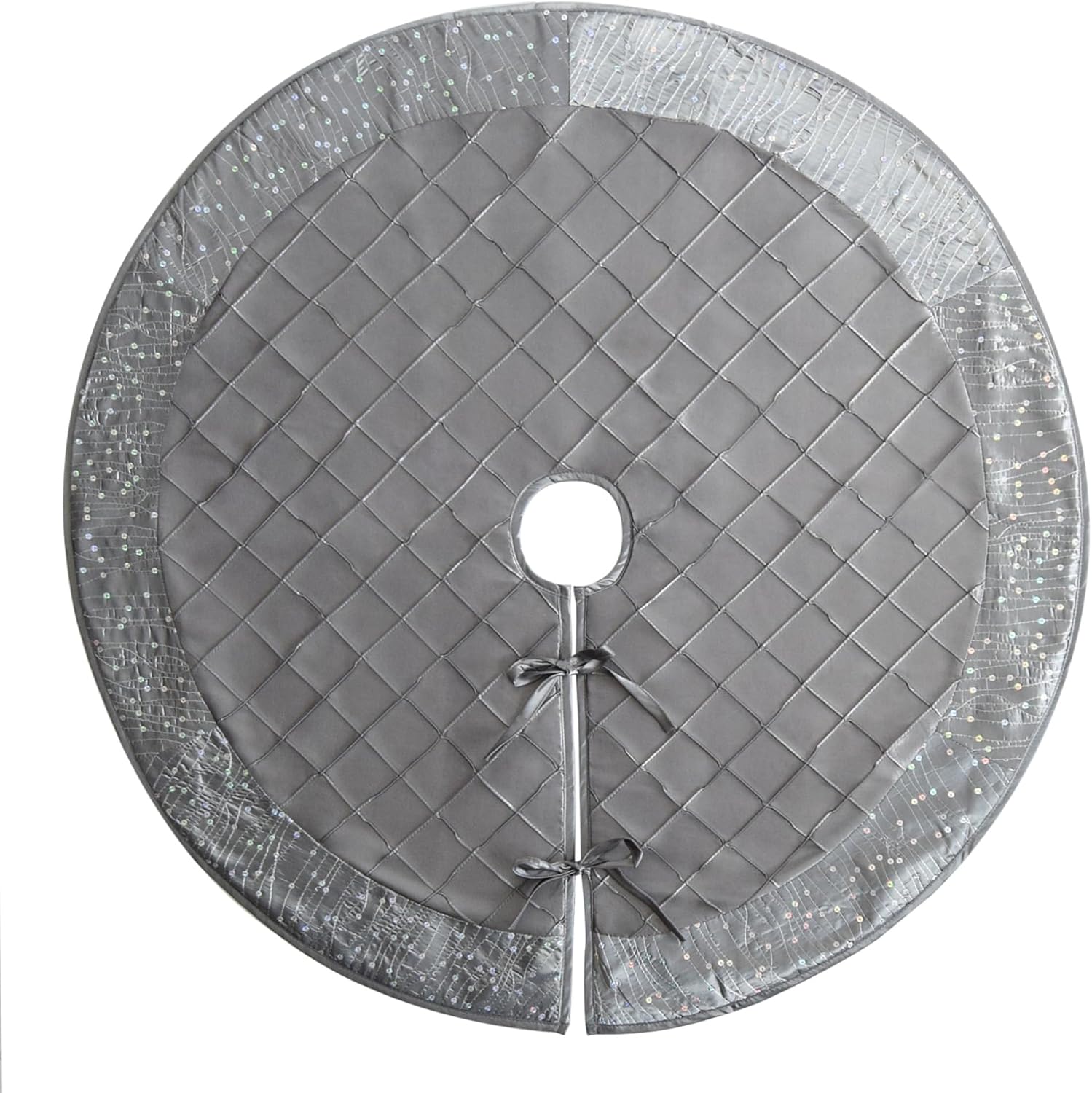 Silver Handcraft Pintuck Center, Sparkle Glitter Sequin Blingbling Border Christmas Tree Skirt,Xmas Christmas Holiday Party Decoration-36inch