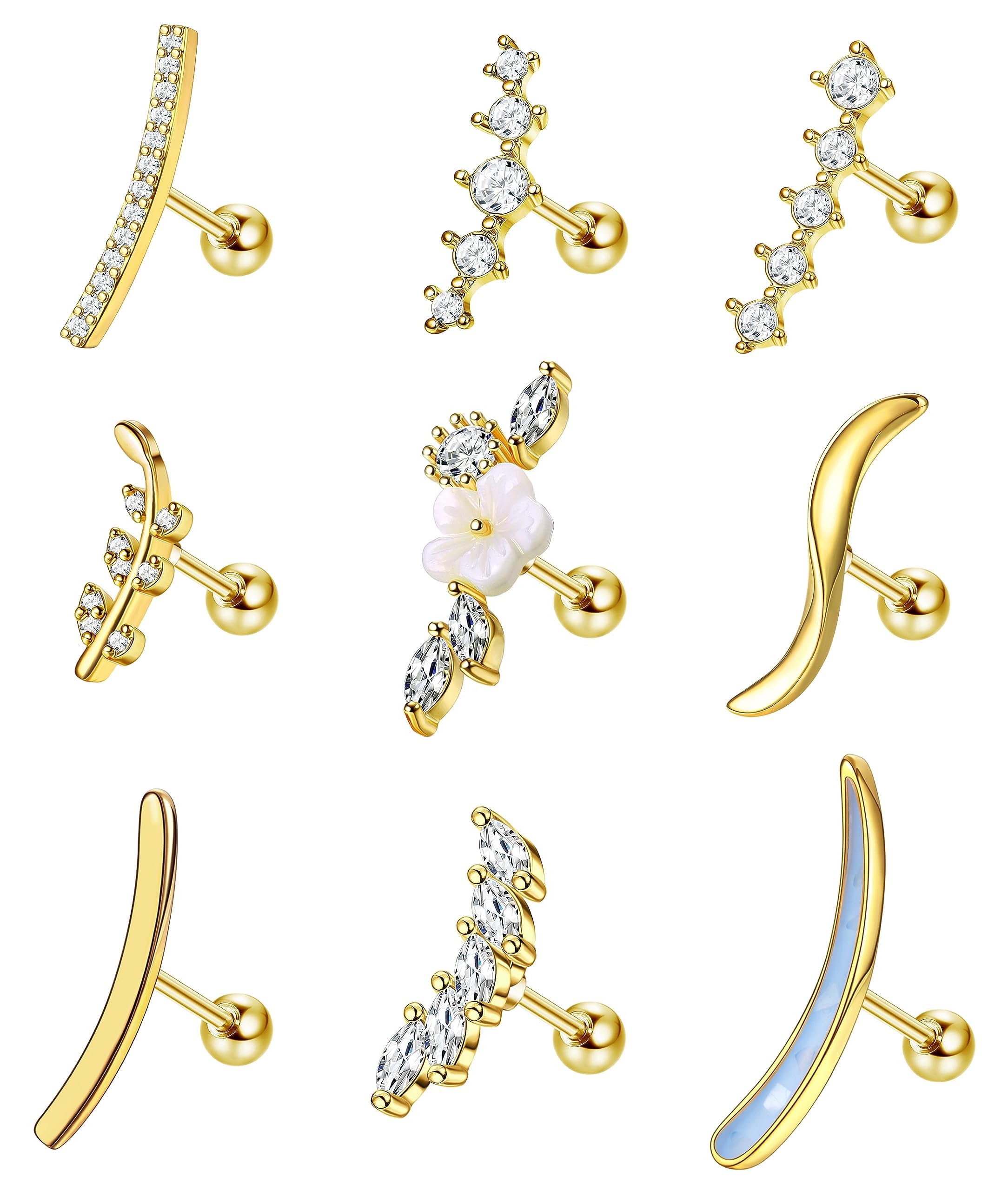 Adramata9 Piezas 16G Piercing Helix para Mujere Acero Quirúrgico Piercing Cartílago Flor serpiente Opal CZ Pendientes Set Oreja Piercing Cartílago Helix Tragus Piercing Joyería