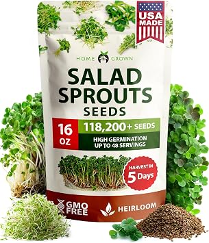 HOME GROWN Premium Sprouting Seeds Mix - Microgreens 118,200 Seeds for Indoor Growing - Non-GMO Broccoli, Alfalfa, Radish, Clover Sprouts Seed - 16oz Resealable Pack for Healthy Salad & Juicing