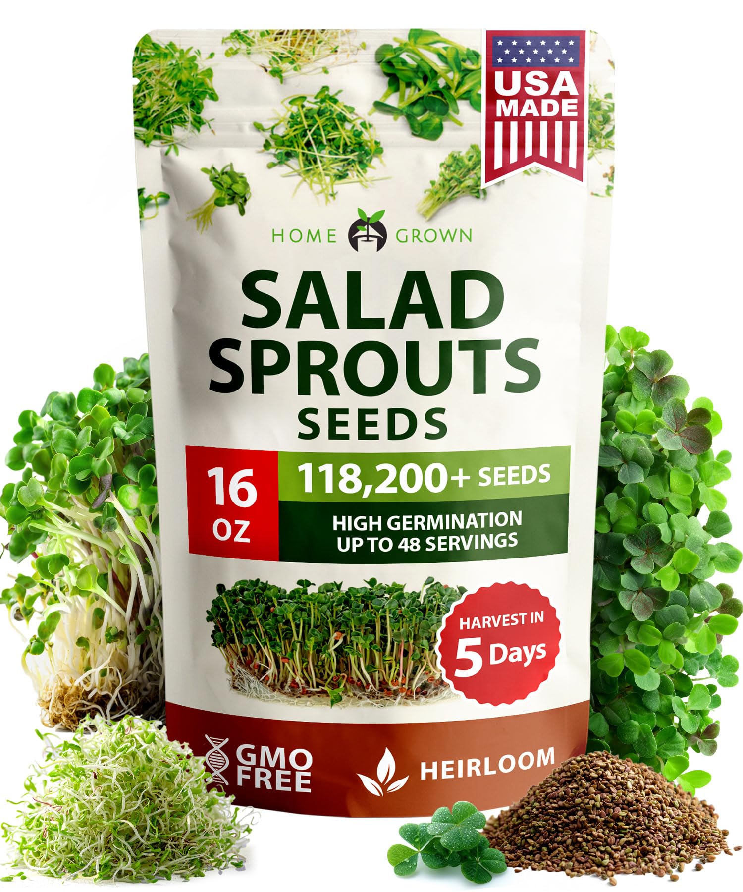 HOME GROWN Premium Sprouting Seeds Mix - Microgreens 118,200 Seeds for Indoor Growing - Non-GMO Broccoli, Alfalfa, Radish, Clover Sprouts Seed - 16oz Resealable Pack for Healthy Salad & Juicing