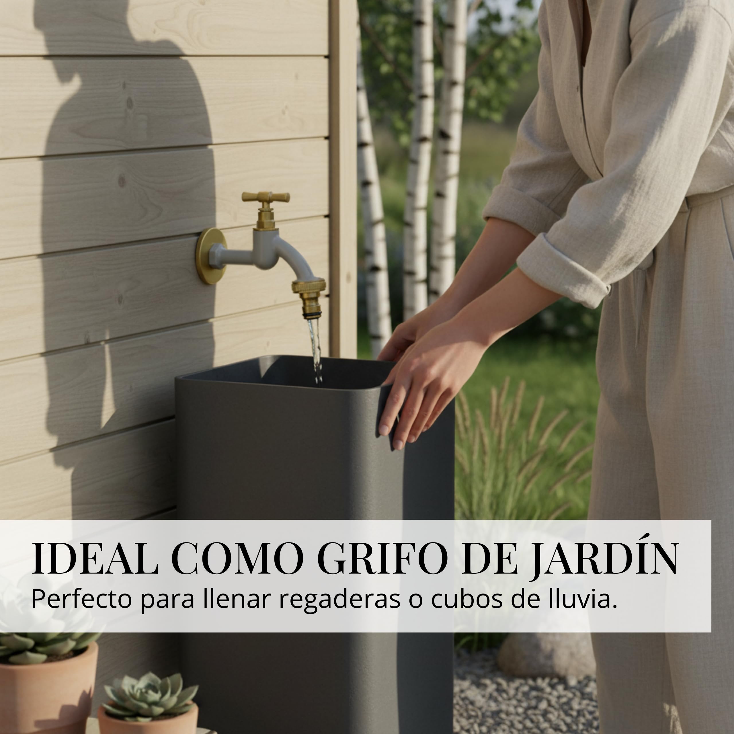 LIVLIG Premium Grifo de Jardín, Grifo exterior resistente a las heladas con guarnición de roseta y conexión de manguera, Grifo de agua fría de latón, Grifo de diseño dorado con recubrimiento en polvo