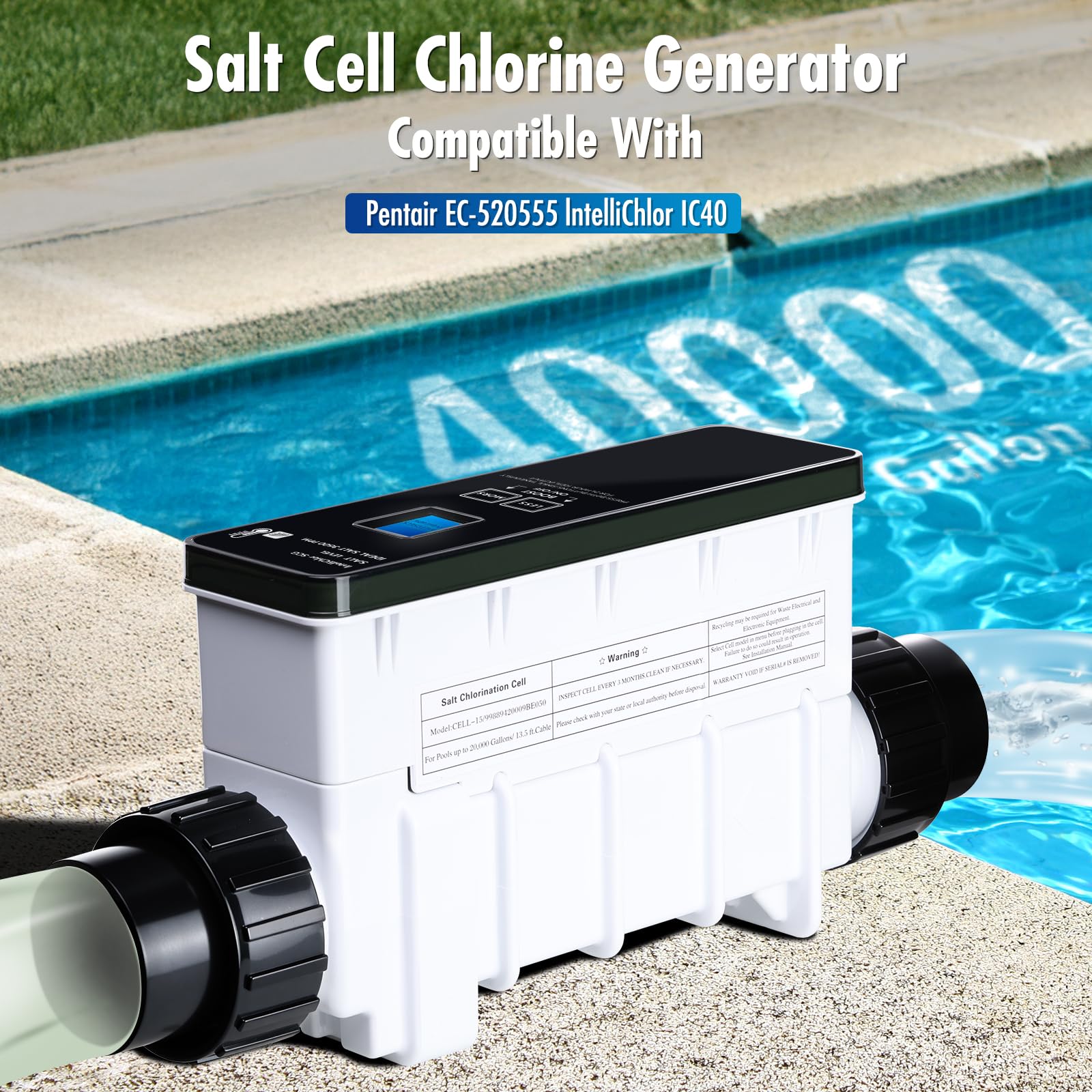 IC40 - Generador de cloro de célula salina de repuesto para cloradores de agua salada Pentair Intellichlor IC40 (hasta 40000 galones), sustituye a la celda generadora de cloro de piscina EC-520555 y