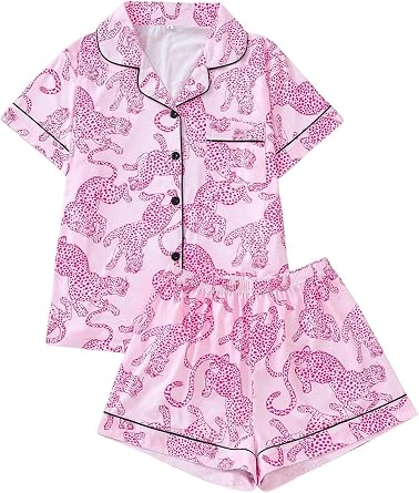 Womens 2 Piece Leopard Pajama Set Animal Short Sleeve Button Down Pj Shorts Set