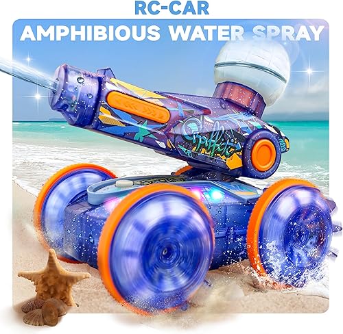 Vista 2 de BEZGAR Juguetes de piscina para niños, auto anfibio a control remoto para edades de 6 a 8 años, auto de acrobacias a control remoto con pistola