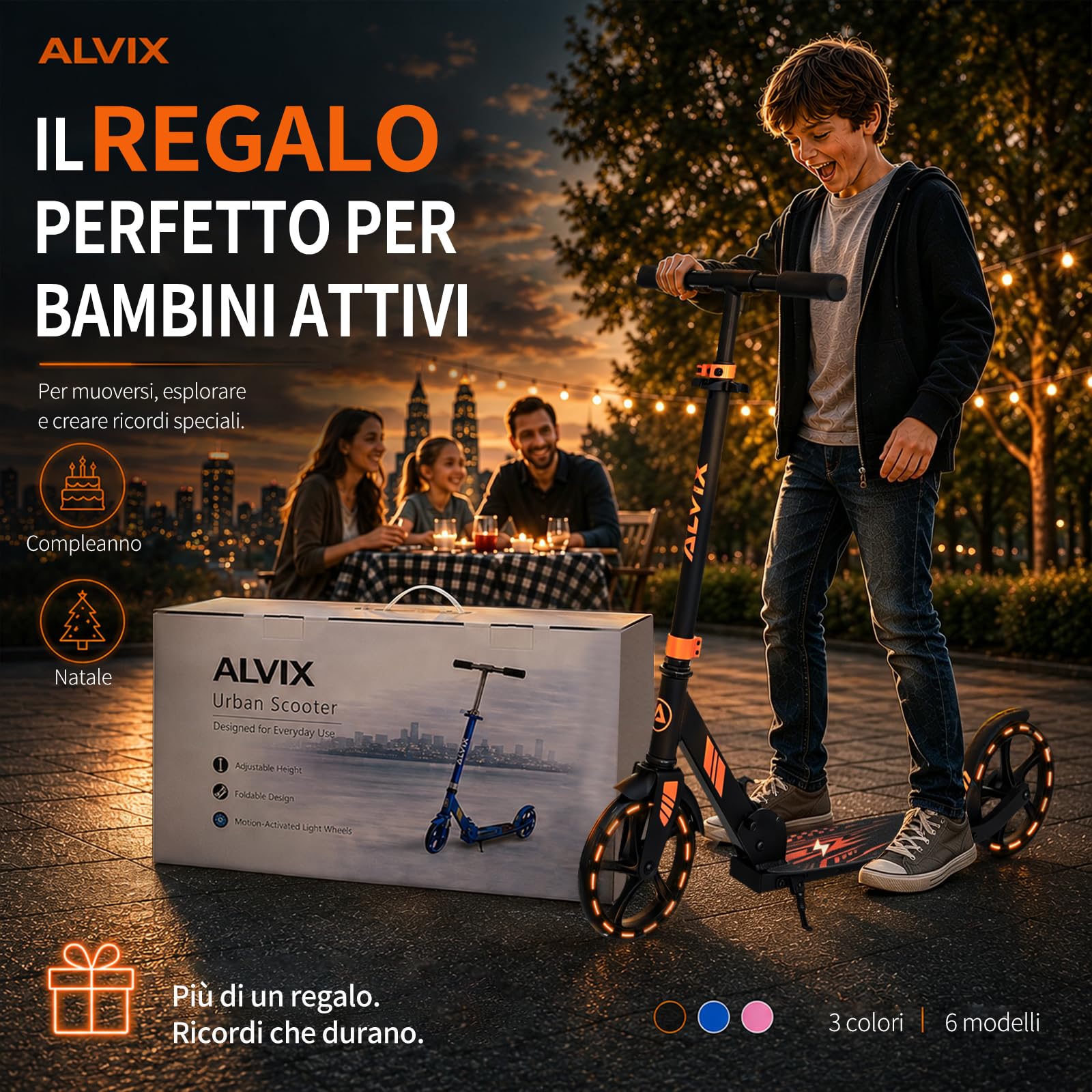 ALVIX Monopattino per bambini con ruote luminose a LED, regolabile in altezza, a partire dai 6 anni, ruote da 200 mm, pieghevole con tracolla, ampia pedana, fino a 100 kg