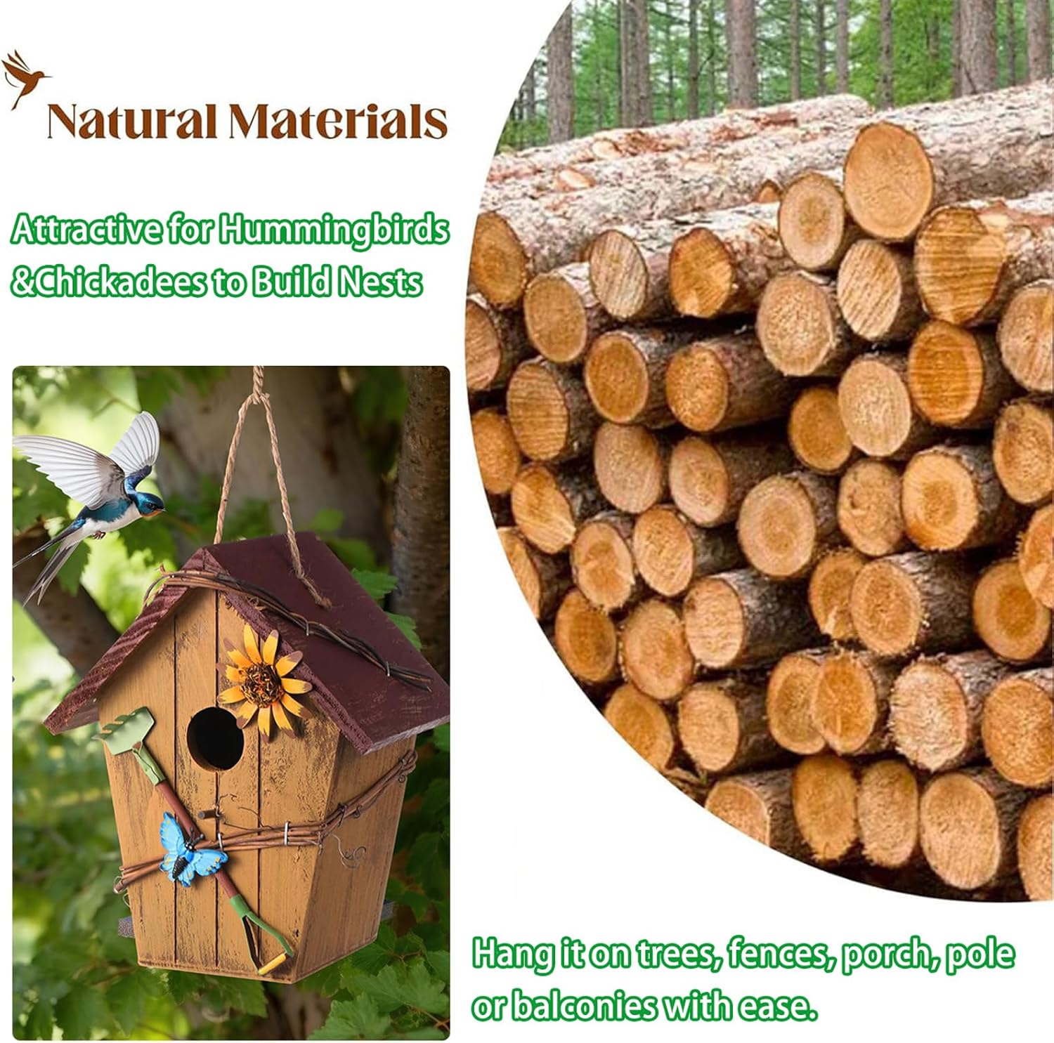 2 Pcs Decorative Birdhouse for Outdoor Hanging - Solid Wood Bird House Outside, Rustic Vintage Style, Garden Decor & Gift for Bird Lovers, Bluebird, Tree Swallow & Chickadee Enthusiasts