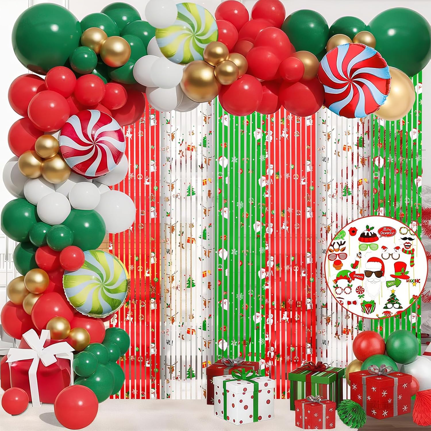 MEHOFOND 164pcs Merry Christmas Party Decorations Set, Christmas Foil Fringe Curtains, Red Green Gold Balloons Arch Garland Favors for Kids Adults Friends Ugly Sweater Party Props for Photo Supplies