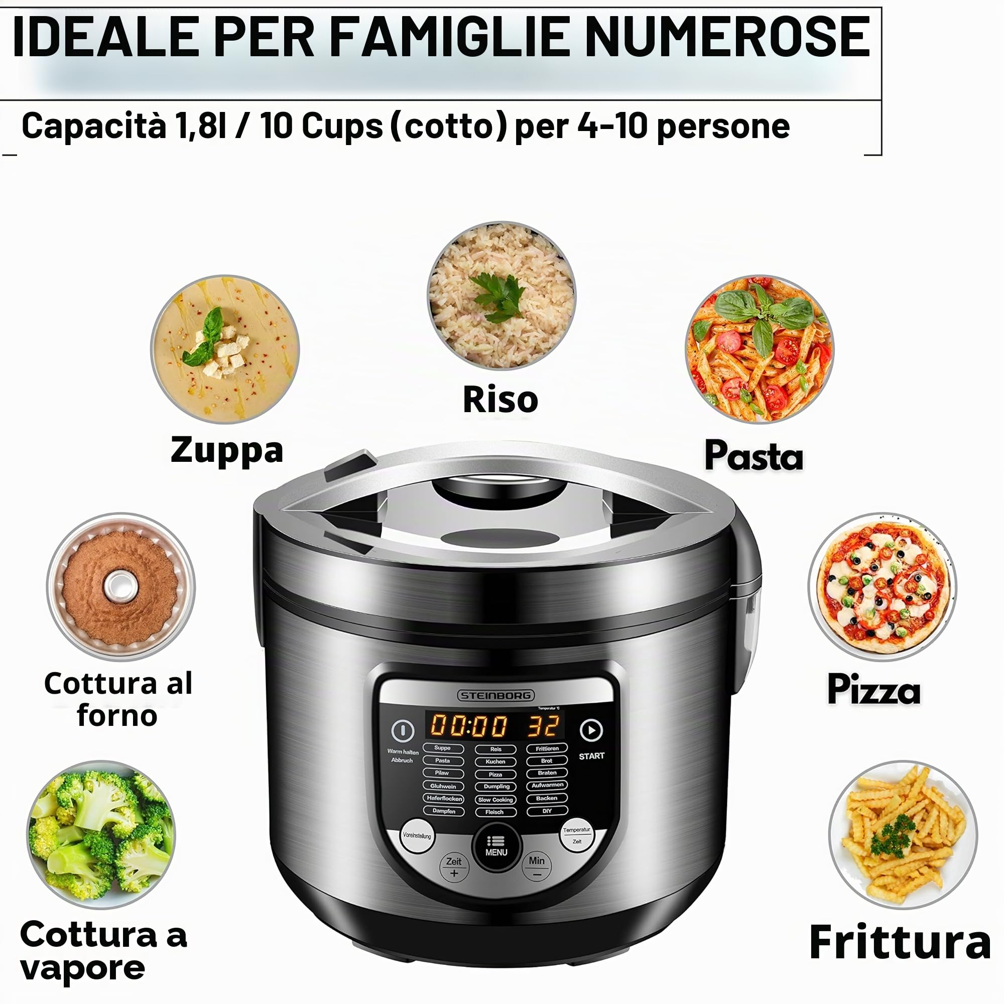 Pentola Multiuso 18 in 1 - 900 Watt, 5 Litri, Cuoci Riso, A Vapore, Padella per Saltare, Yogurt e Pressione