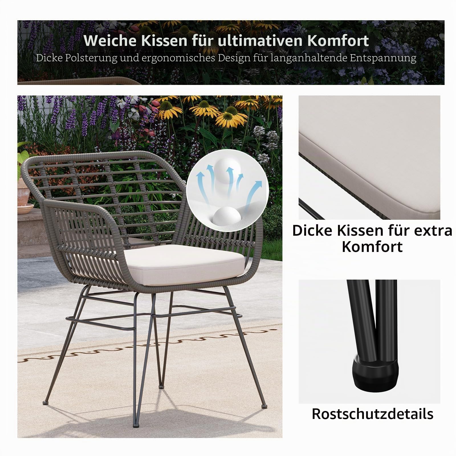 Acekool Outdoor Rattan Sitzgruppe, Möbel Für 2 Personen, 3-TLG. Bistroset, Balkonmöbel, Gartenmöbel Set Mit 2X Stühle + Balkonmöbelset für Garten, Terrasse, Balkon -Grau & Beige