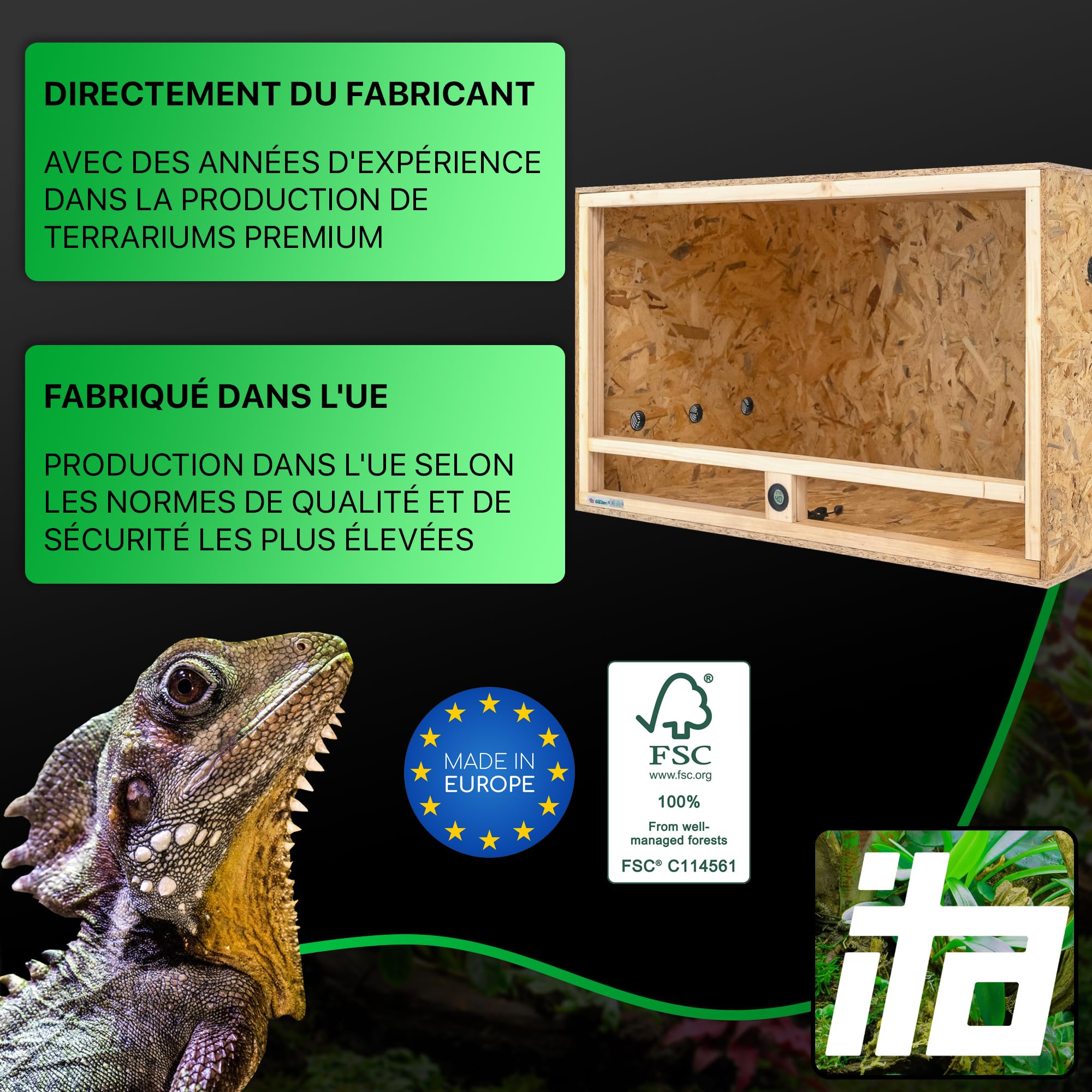 ITA Terrarium Bois 120x60x60 cm avec Ventilation latérale & hygromètre intégré - Terrarium en Bois OSB-3 - pour Reptiles, Serpents, Amphibiens - Produit UE, certifié FSC
