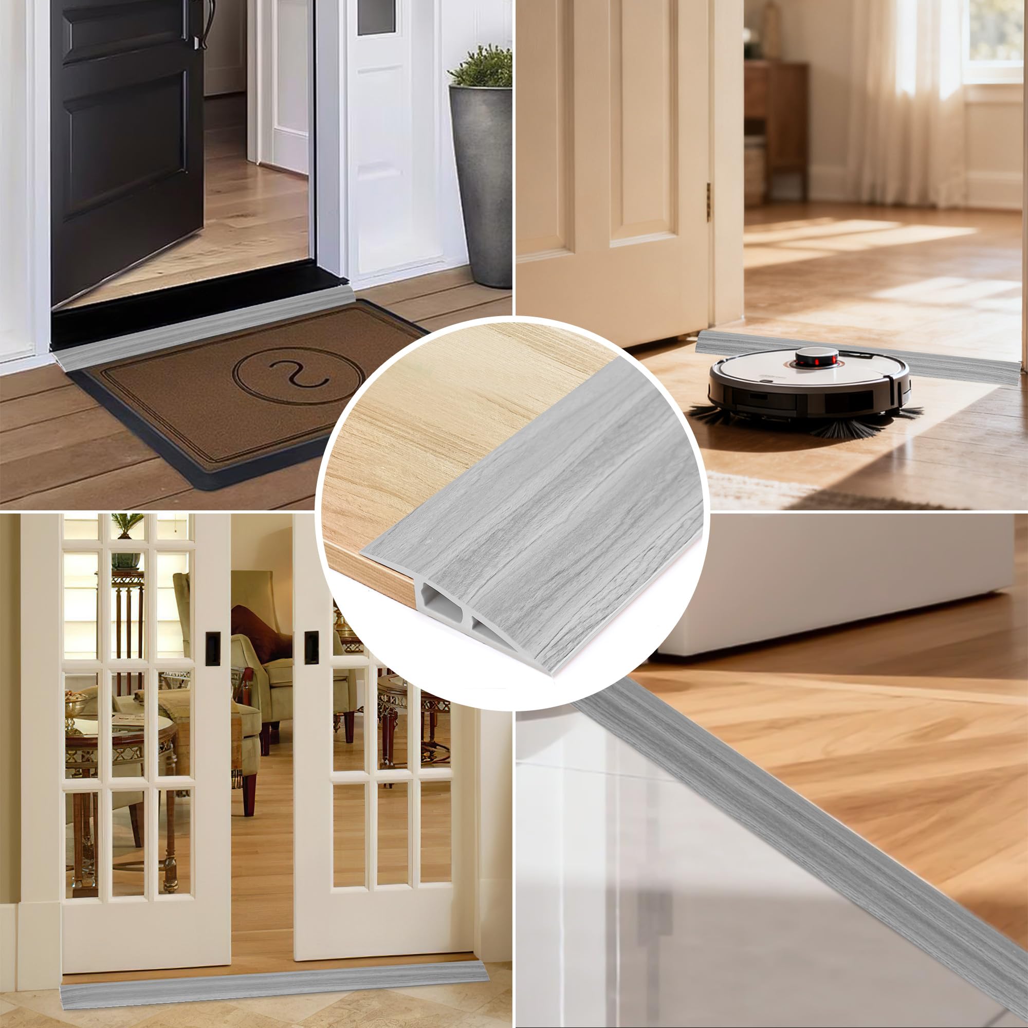 2M Barre de Seuil Adhesive de Porte en PVC, Bandes de Transition Sol Rampe de Seuil Pente de Seuil, 10mm, pour des Hauteurs de 7-10mm(Grain de Bois Gris)