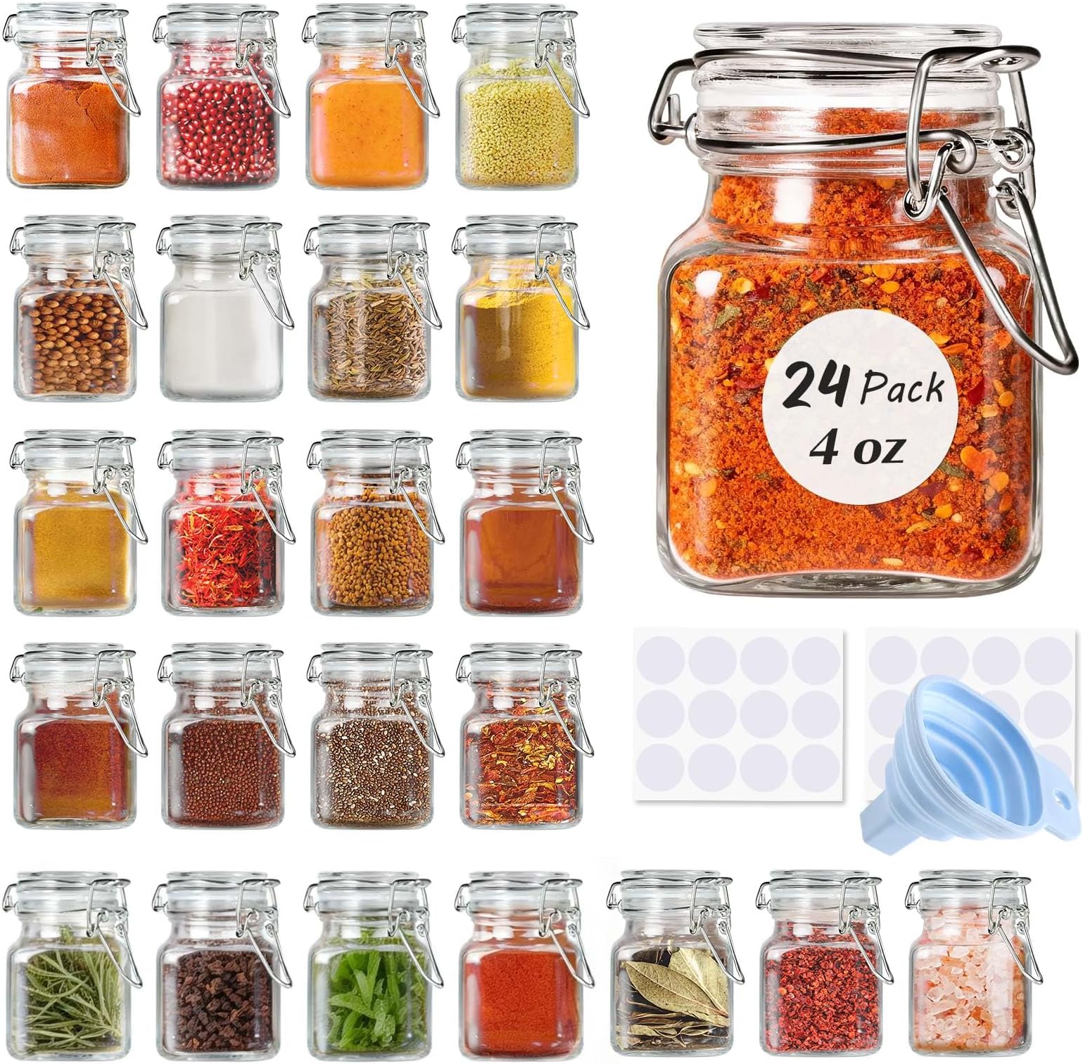 SPANLA Spice Jars, 24 Pack 4oz Small Glass Jars with Airtight Hinged Lid, With 24 Spice Labels & Silicone Funnels, Airtight Glass Jars for Spices, Condiments Herb Seasoning Art Craft Storage