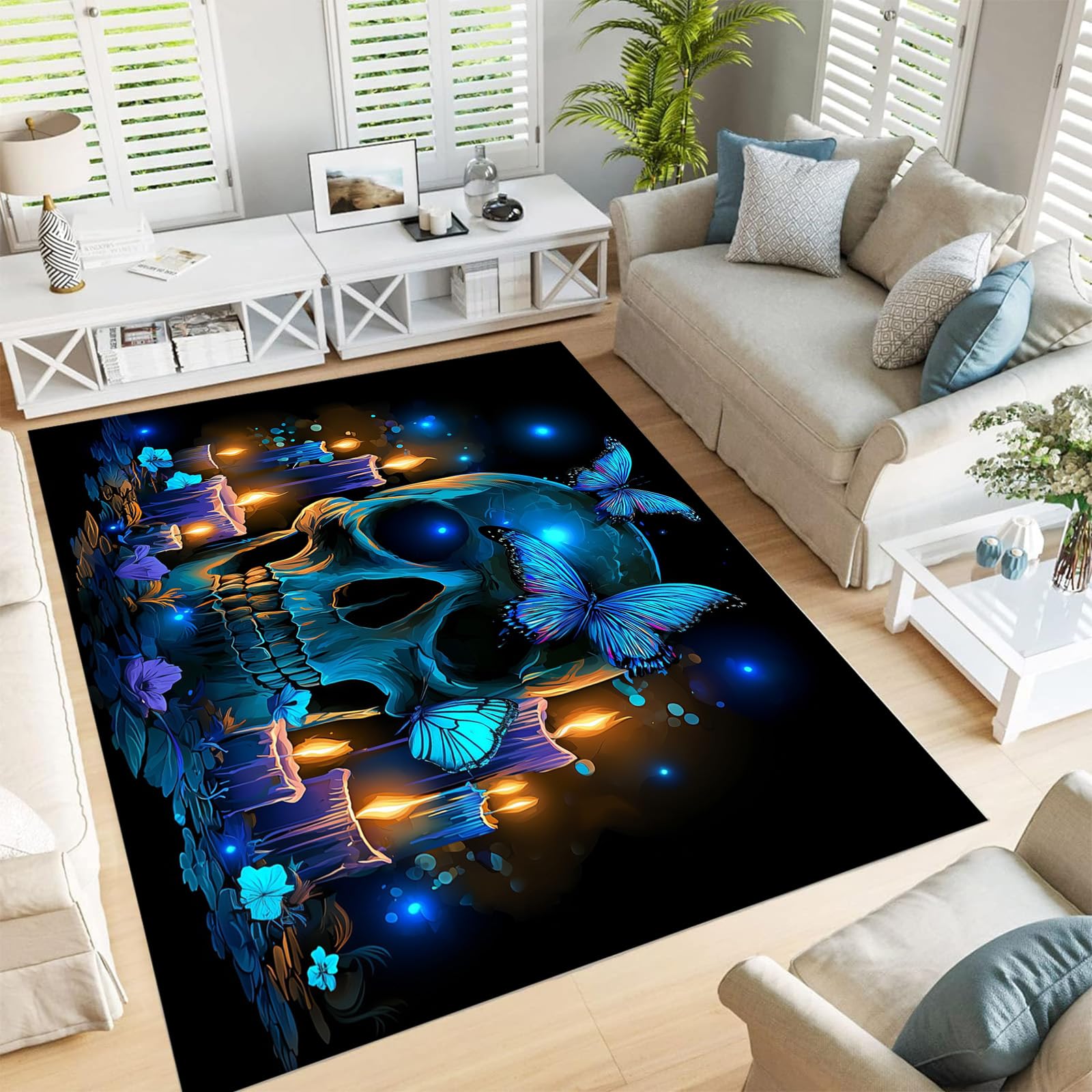 Tapis bleu motif crâne floral, l'esprit artistique pour transformer votre foyer
