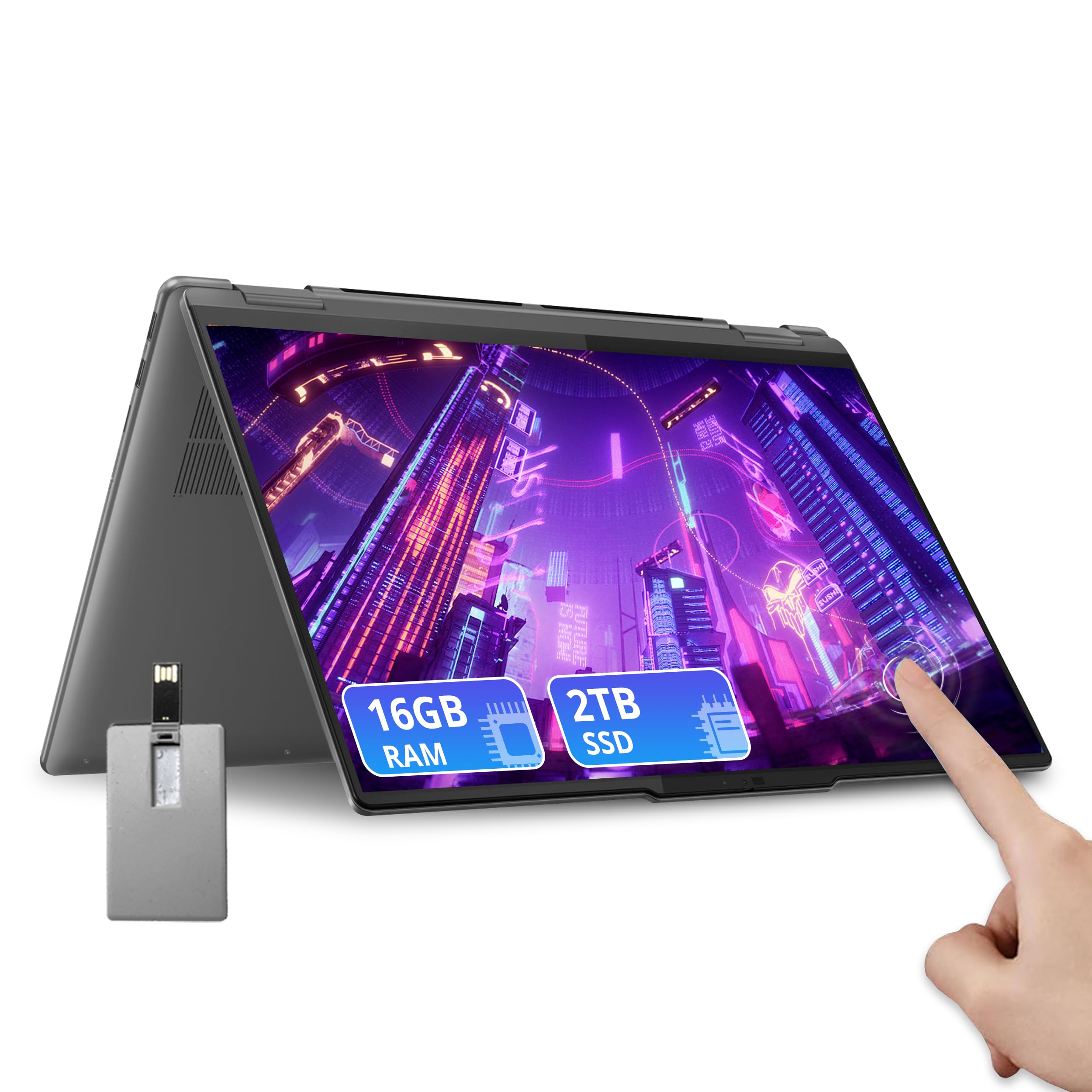 Lenovo Yoga 7i 2-in-1 16" 2K Touchscreen Laptop, Intel Ultra 7 155U, 16GB LPDDR5X, 2TB PCIe SSD + 128GB USB Card, Backlit Keyboard, Fingerprint Reader, Integrated Intel Graphics, Win 11 Home, Grey