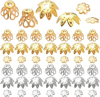 2400pcs Filigree Flower Beads Caps Metal Spacer Beads Caps Hollow Cone End Caps Jewelry Making Accessories for DIY Bracelet Earring Necklace Craft Supplies, 3 Styles, Golden and Silver