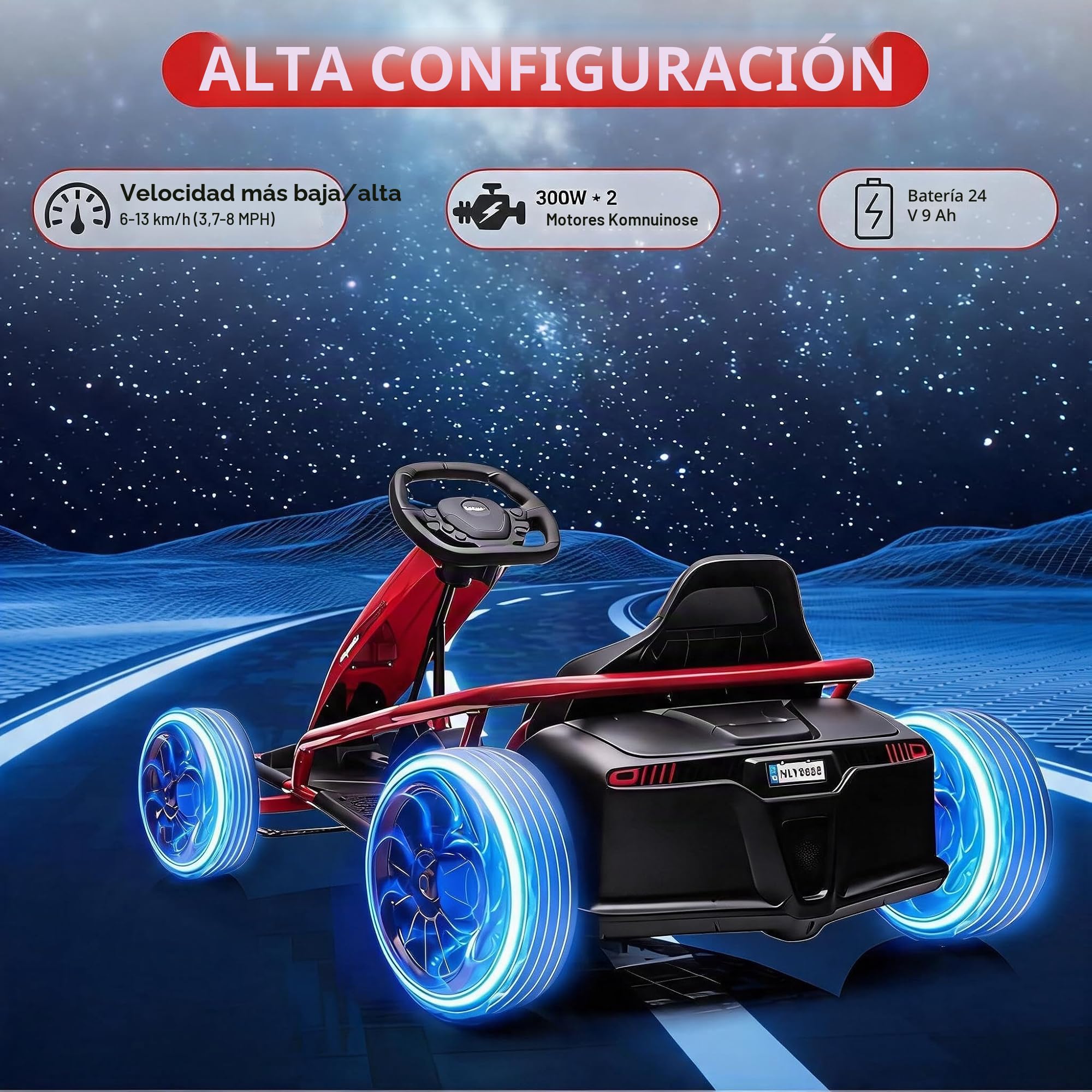 Go-Kart eléctrico de 24 V para niños con función de deriva – 2 motores de 300 W de alto rendimiento, hasta 13 km/h, batería de 9 Ah, arranque suave, coche eléctrico para niños de 8 a 12 años