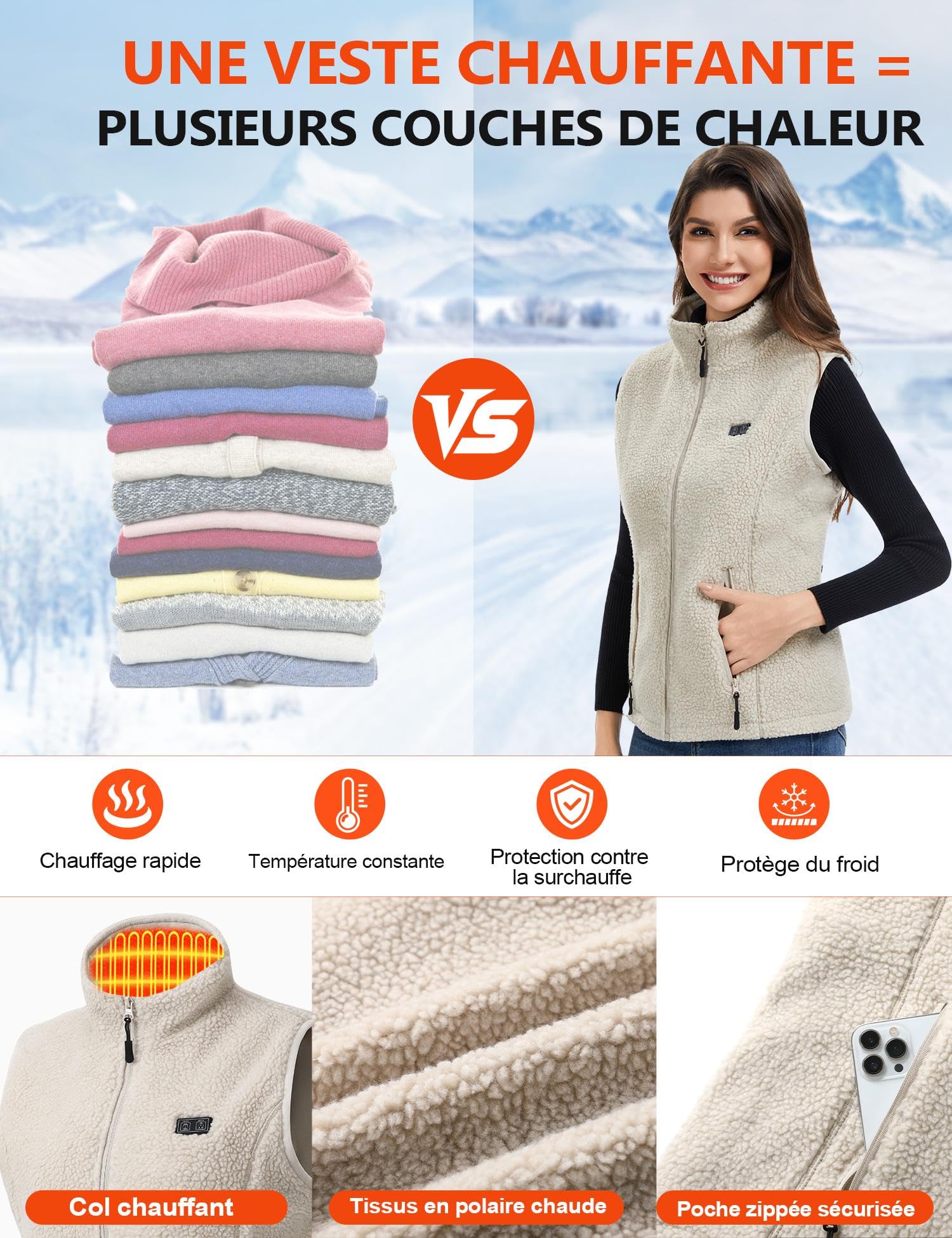 Gilet Chauffant Femme avec Batterie 18400mAh - Gilet Chauffant Polaire, 8 Zones Chauffantes, Veste Chauffante Électrique Hiver Chaud
