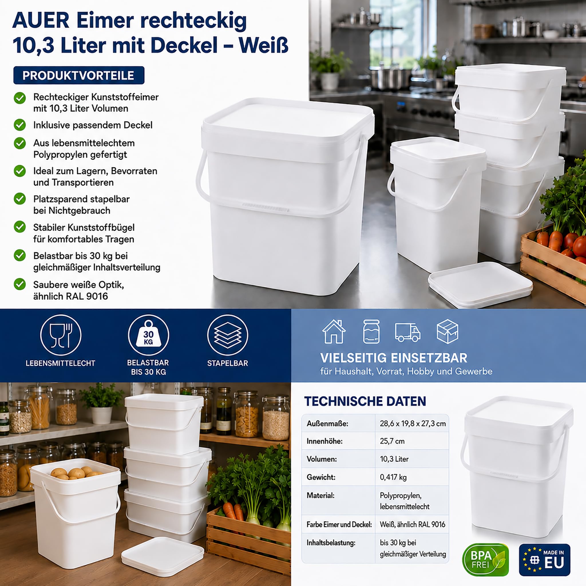 AUER 10,3 Liter Eimer rechteckig lebensmittelecht mit Deckel 29 x 20 x 27 cm Weiß 10 Stück