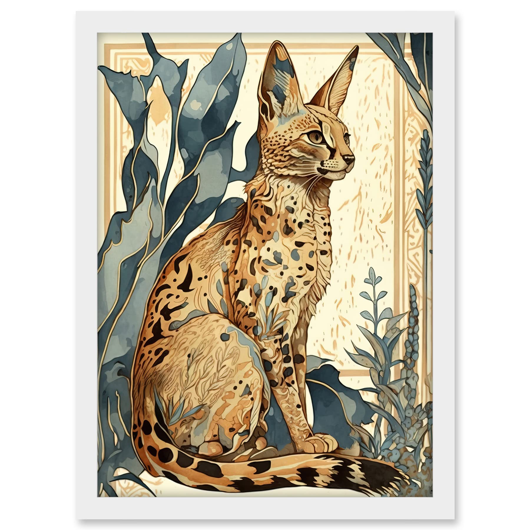 Artery8 Serval Cat with Teal Plants Watercolour Portrait Modern Illustration Artwork Framed A3 Wall Art Print