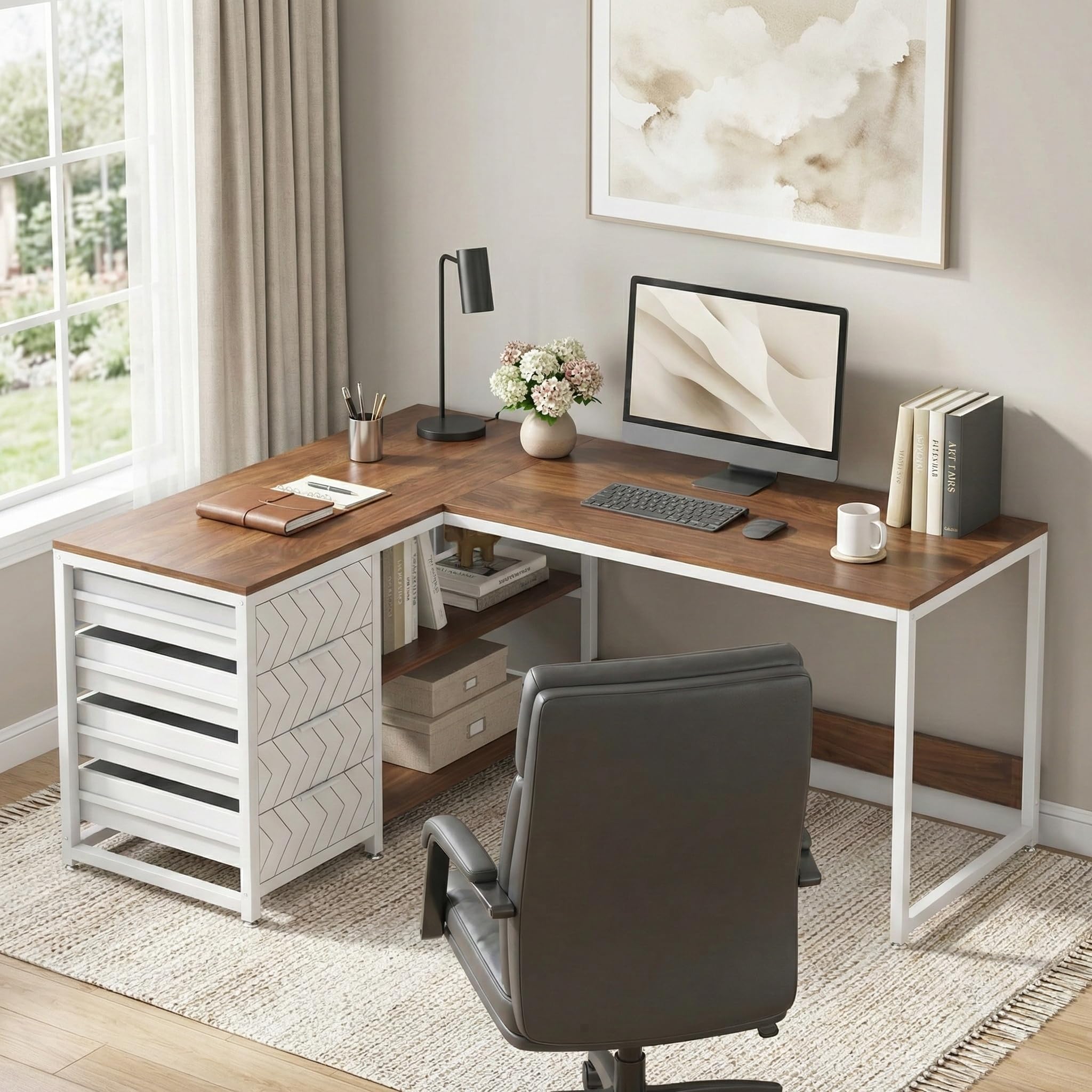 Lailang 150cm Scrivania, Tavolo Angolare, Mobili Ufficio Moderni, Scrivania In Legno, Scrittoio Vintage, 150 x 110 x 75 cm, Noce E Bianco