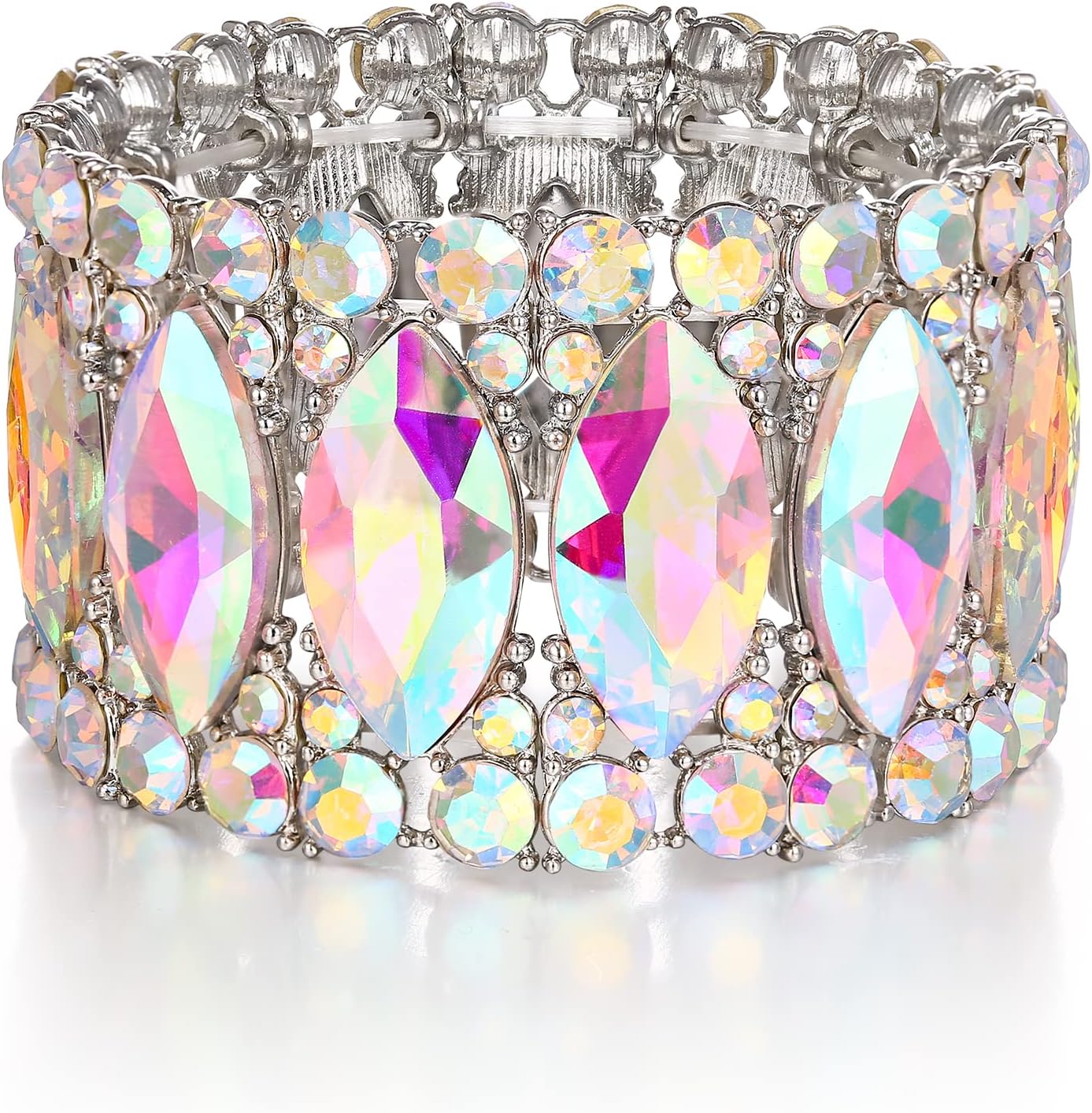 BriLove Wedding Bridal Elegant Crystal Double Row Rhinestones Marquise Cluster Stretch Bangle Bracelet for Bride