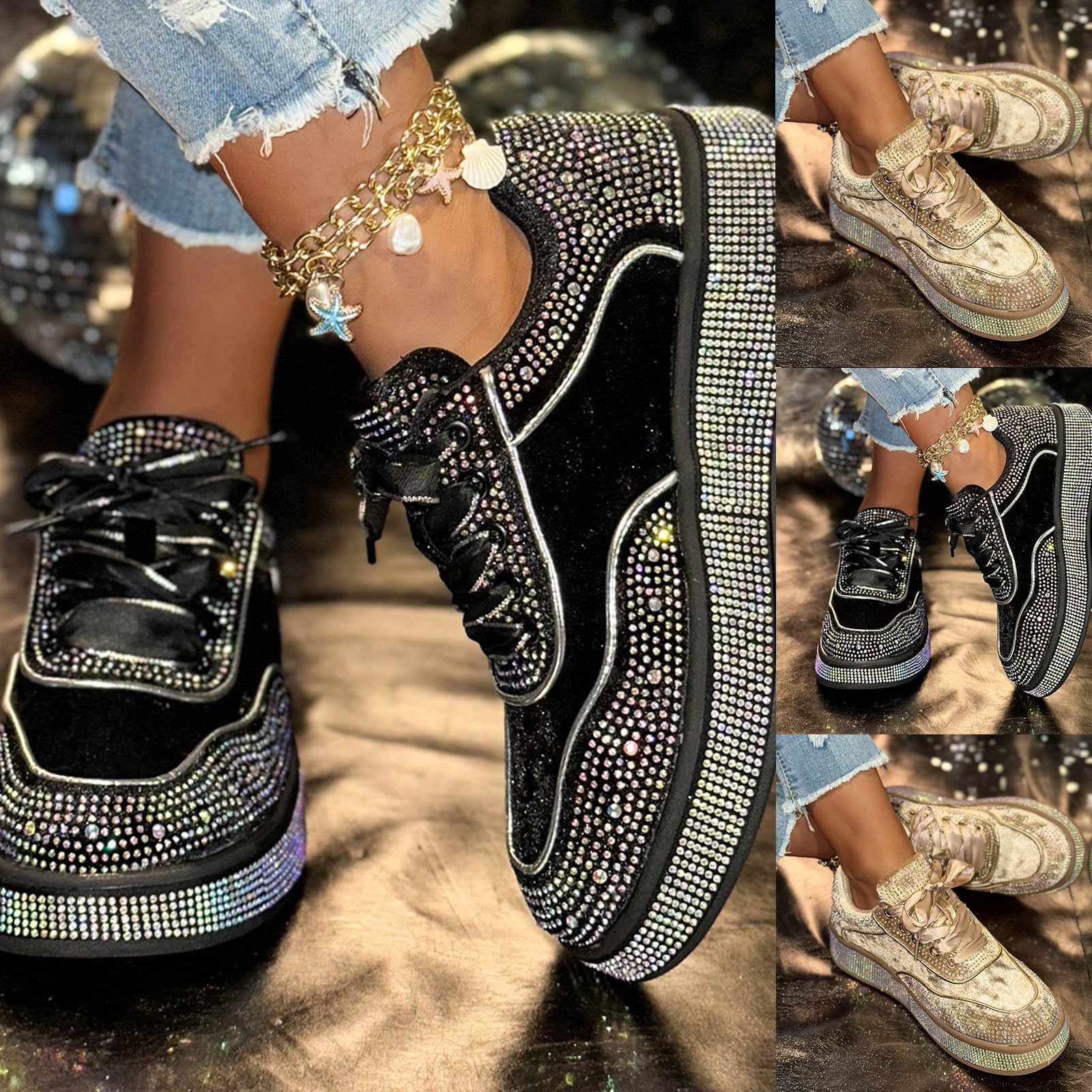 Zapatos brillantes brillantes para mujer, con plataforma, con puntera redonda, para fiestas, bodas, deportes, transpirables, cómodas, para correr, para el tiempo libre, para caminar