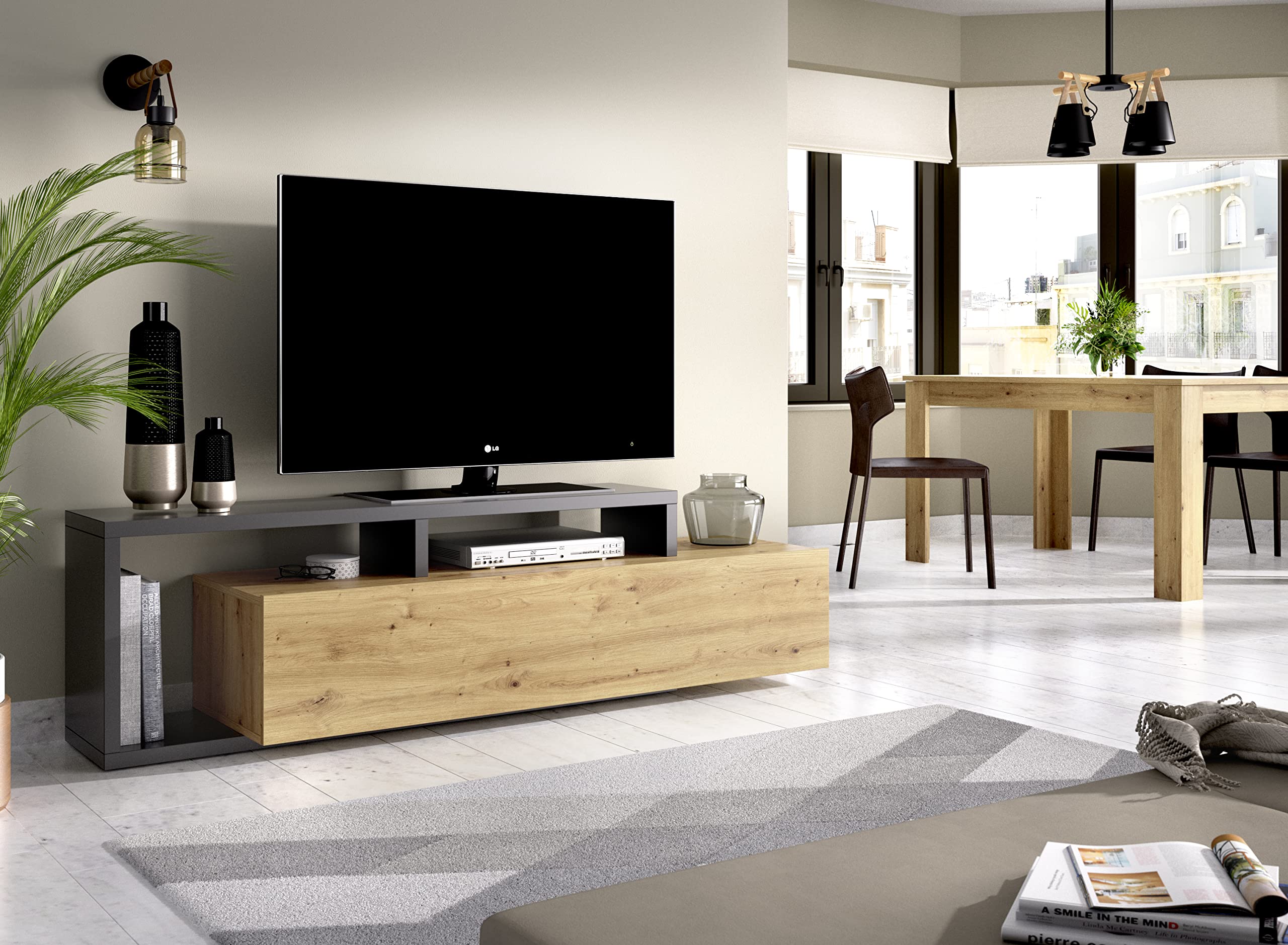 DEKIT GRUPO RIMOBEL KRAM Mueble de TV bajo, Melamina, Grafito y Nordic, 47x165x40 cm