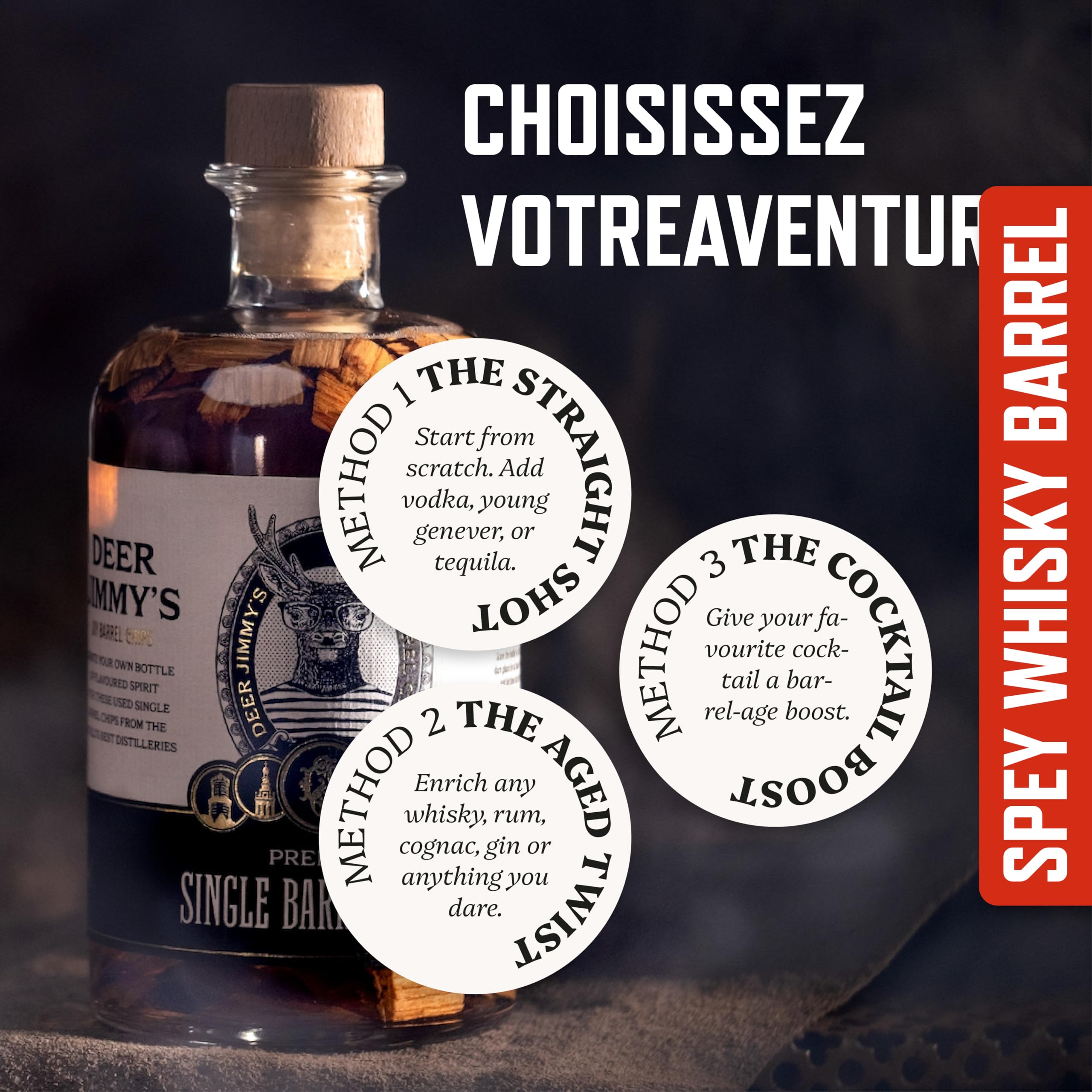 Deer Jimmy's® Coffret DIY Whisky – Fabrique Ton Propre Whisky avec du chêne Premium Issu de véritables fûts de Speyside – Maturation en fût Intense pour Tout spiritueux – Cadeau Parfait pour Homme