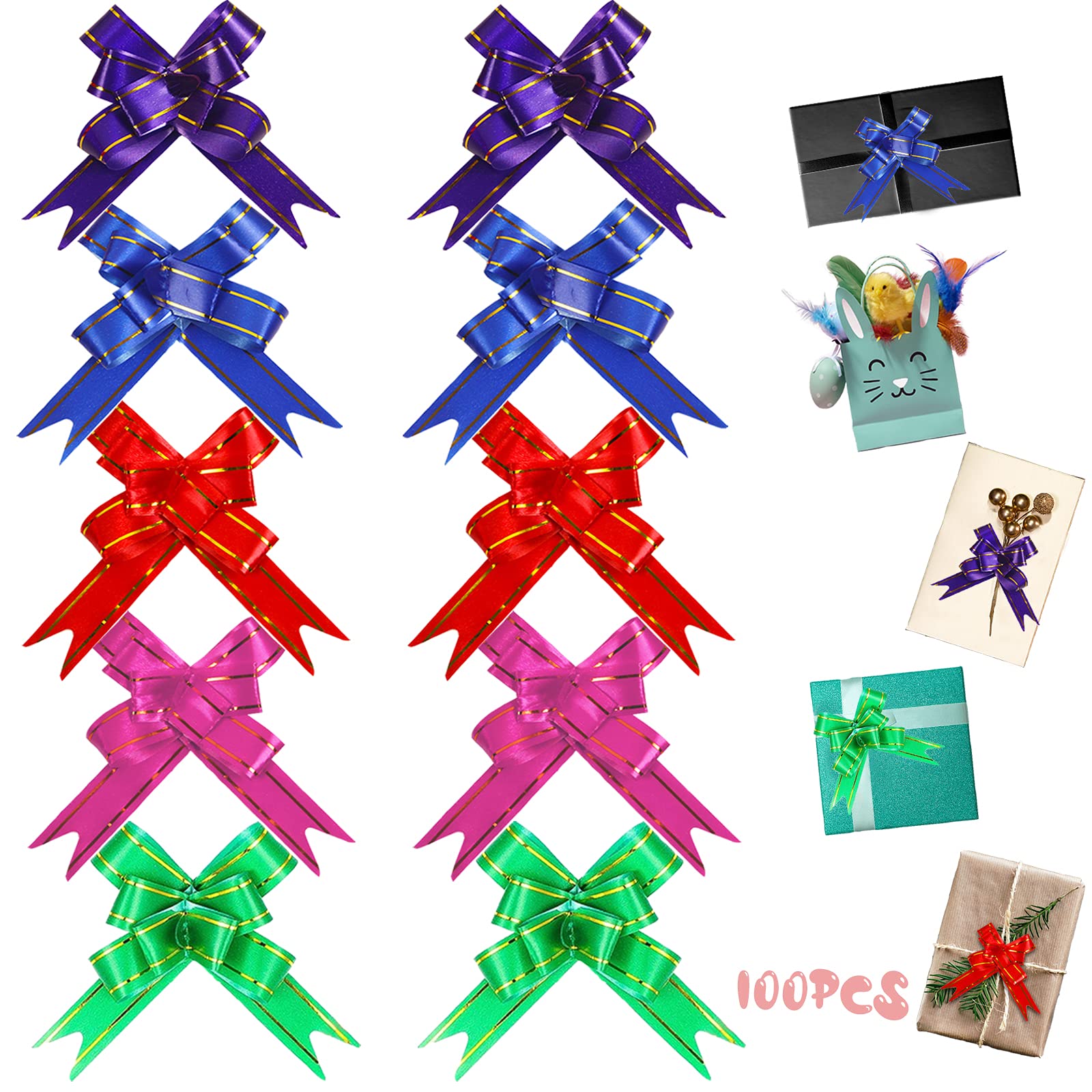 100 Pcs Mini Pull Bows Ribbon Golden Lace Knot Gift Wrapping Bows Assorted Colors, Decoration Present String Bow for Gift Crafts Bouquet Christmas Easter Mother's Day Wedding Party Birthday, 12*220mm