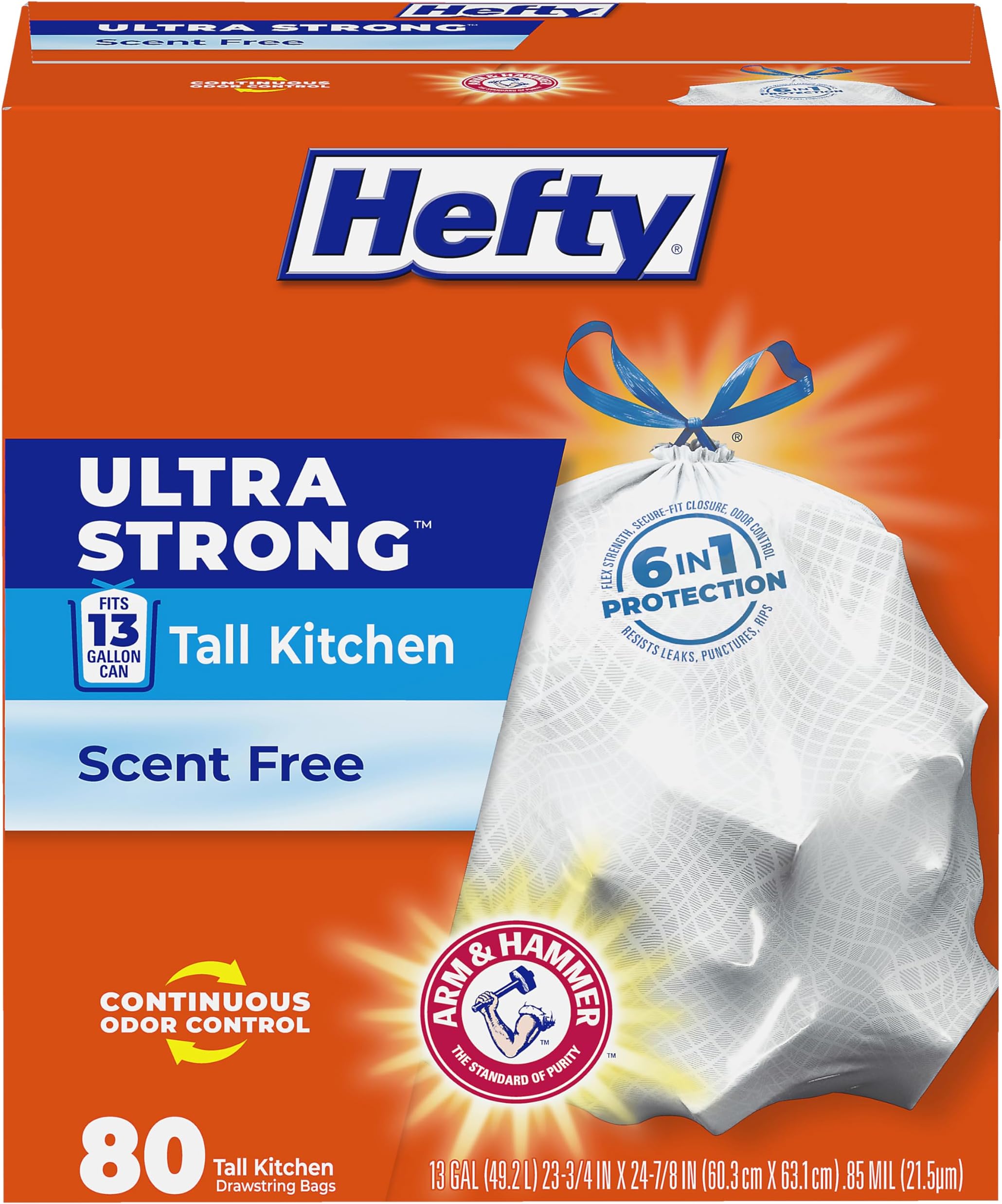 Ultra Strong 13 Gallon Trash Bags, Tall Kitchen Trash Bags 13 Gallon Size, Drawstring Closure, Continuous Odor Control, White, Unscented, 80 Bags