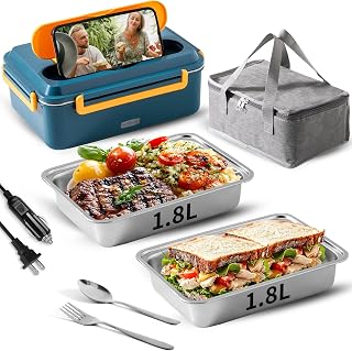 Meng Ke'en Adult Electric Lunch Box Heating Bento Box 1.8L Large Capacity 12/24/110V for Car Truck/Office Home Work with 2pcs Stainless Steel Container/Fork Spoon/Insulated Bag (Green)