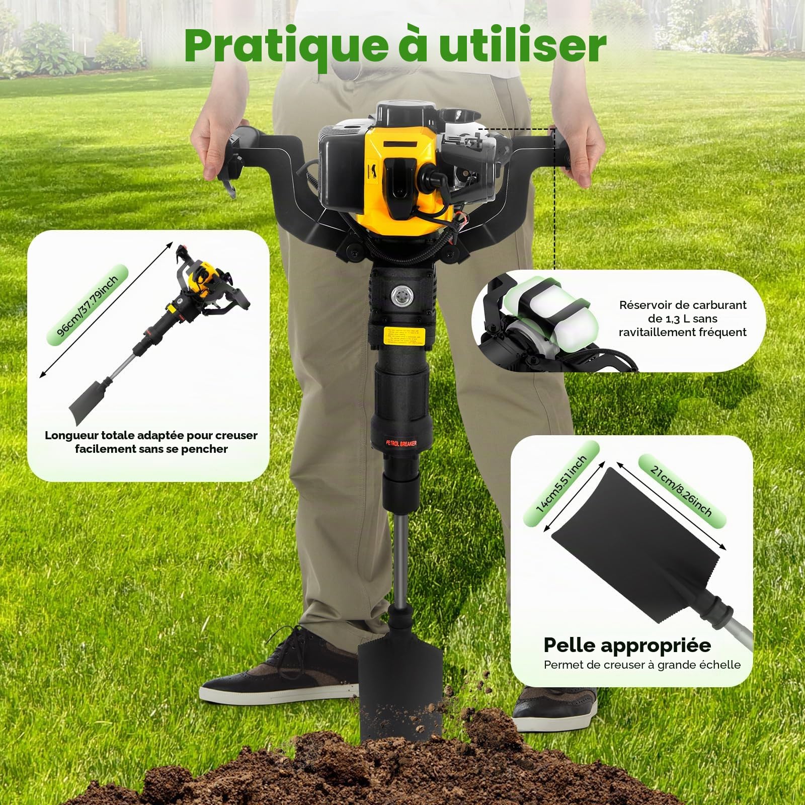 Excavation d'arbre à essence 1250 W - Machine à excavation manuelle avec pelle #7 - 2 temps - 52 cc - Pour jardin, ferme, plantation d'arbres, forêt, agriculture - Jaune