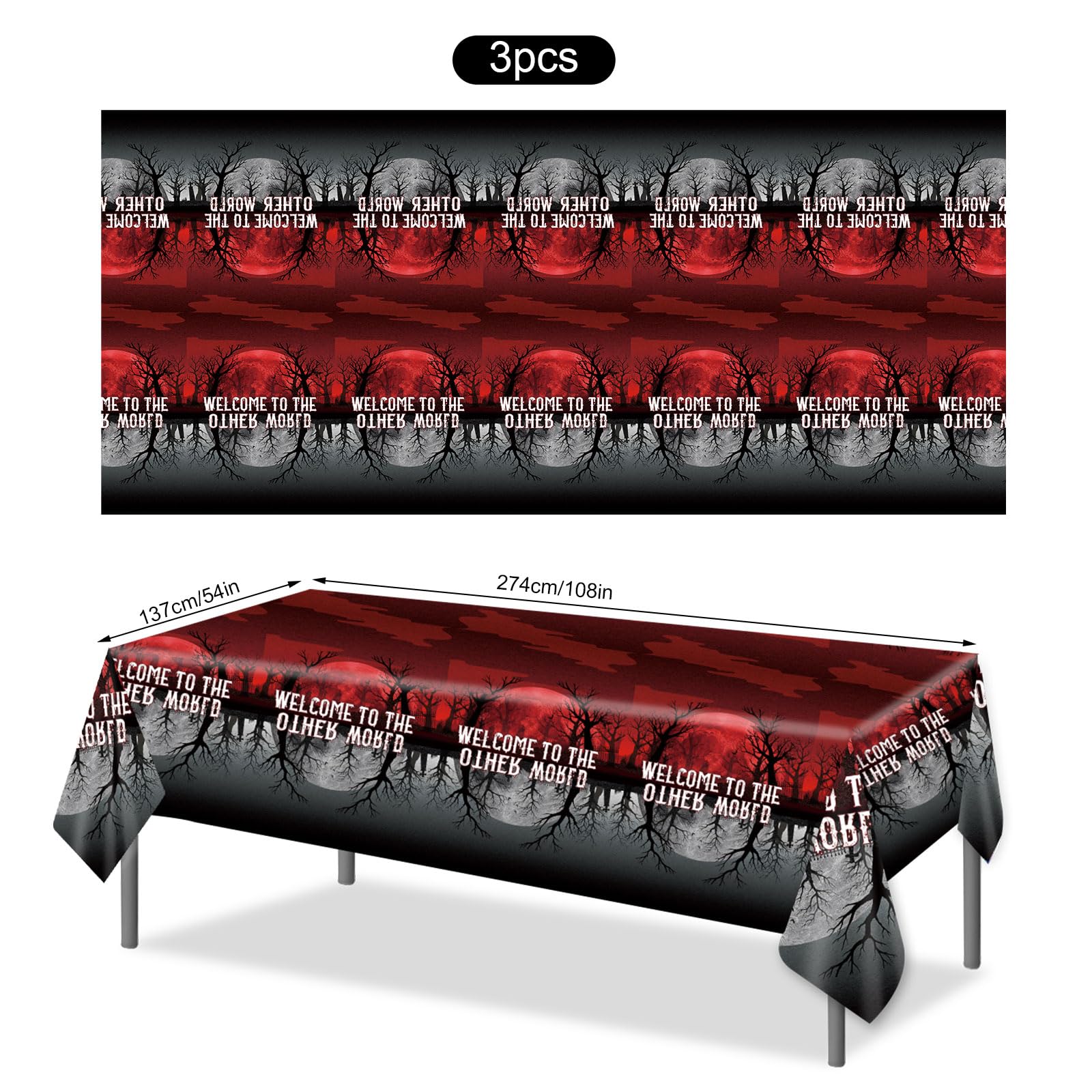 3pz Welcome To The Other World Tovaglia, 137x274cm Spaventoso Invertire Demone Tavolo Coperture per Compleanno Halloween & Invertire Festa Stanza Parete Decorazione Forniture & Foto Accessori
