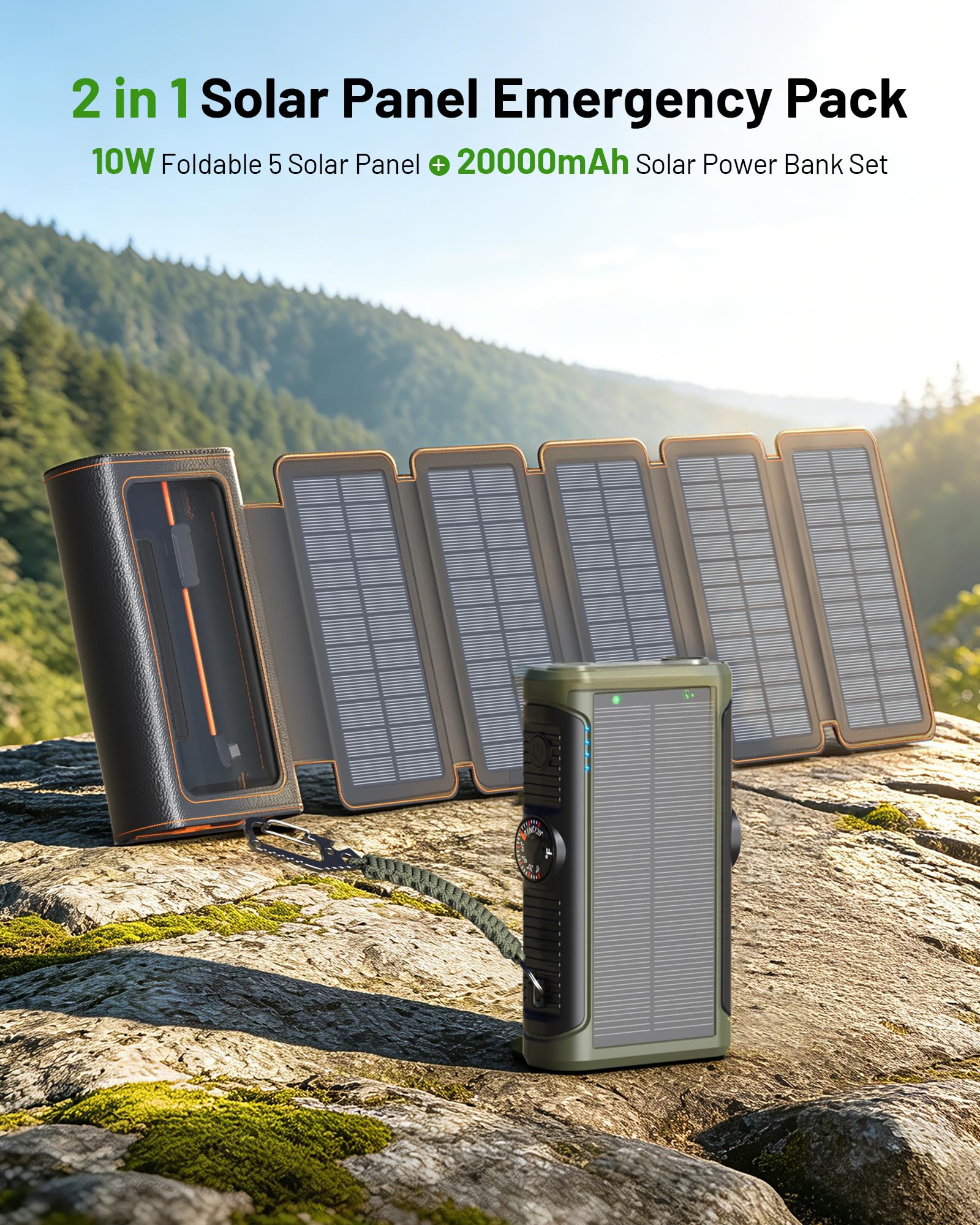 Chargeur solaire : chargeur portable sans fil 20 000 mAh avec sac de rangement pliable 5 panneaux de 10 W, manivelle d'urgence et batterie externe 20 W PD à charge rapide pour le camping et