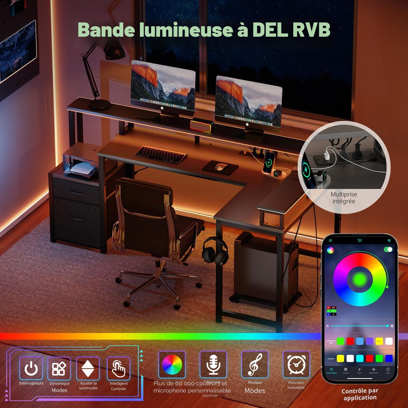 YOUDENOVA Bureau Gaming LED Bureau d'angle avec Tiroirs Bureau d'Ordinateur 168x100cm Table Gamer avec Prise Intégrée & Port USB Table Gaming avec Support d'écran Noir