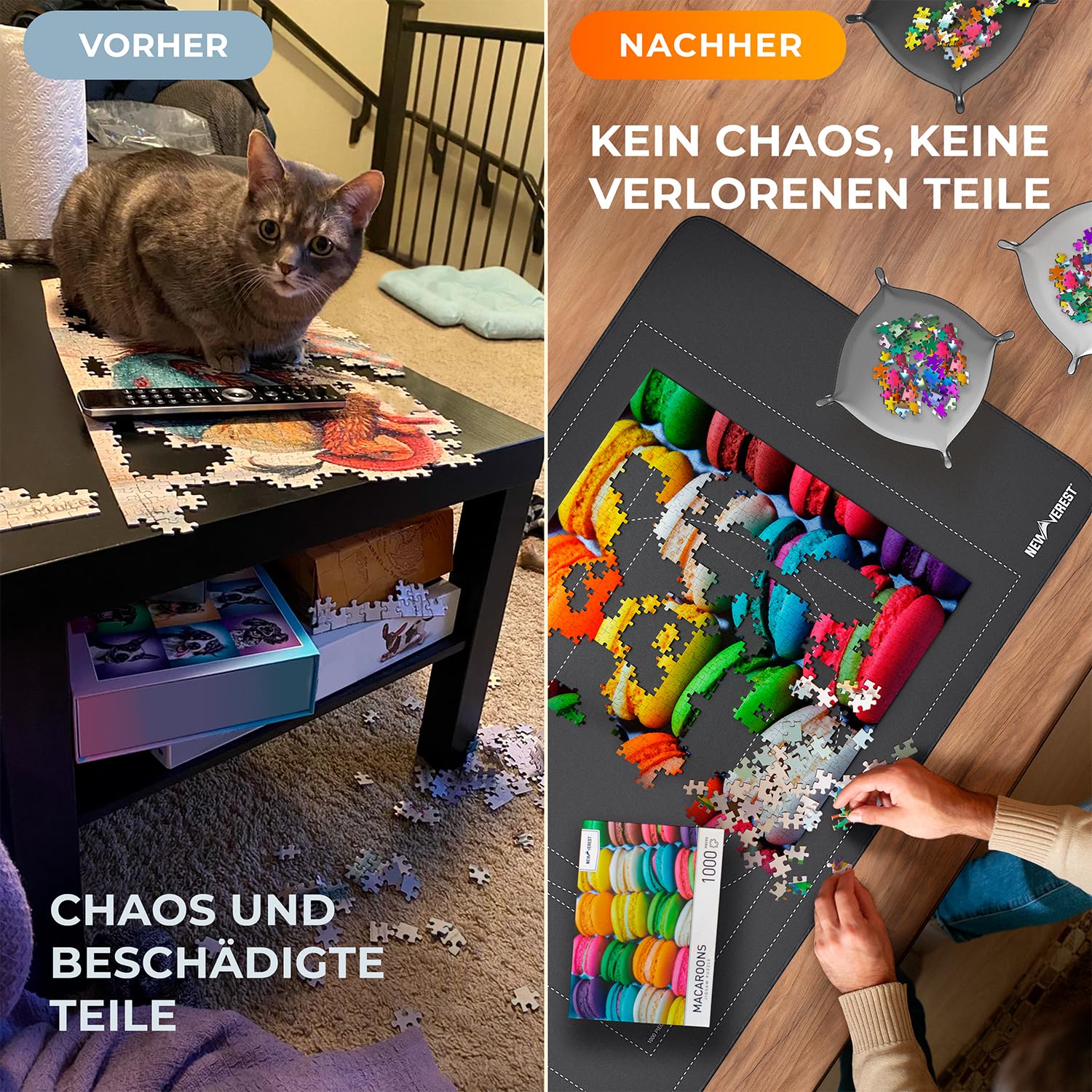 Newverest Puzzlematte zum Aufrollen 100 x 60 cm – Für bis zu 1000 Teile, rutschfeste Unterseite & Glatte Oberfläche + 3 Sortierschalen & Tragetasche für Reisen
