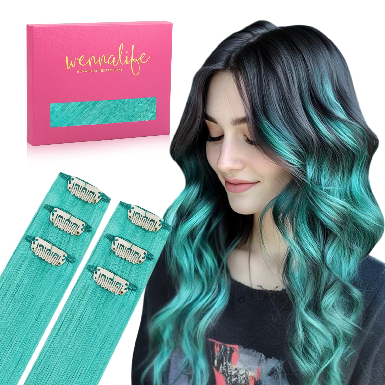 WENNALIFE Teal Green Clip in Hair Extensions Real Human Hair 35g 6pcs 24 Inch Colored Hair Extensions for Kids Women Colorful Hair Pieces Pop-up Style