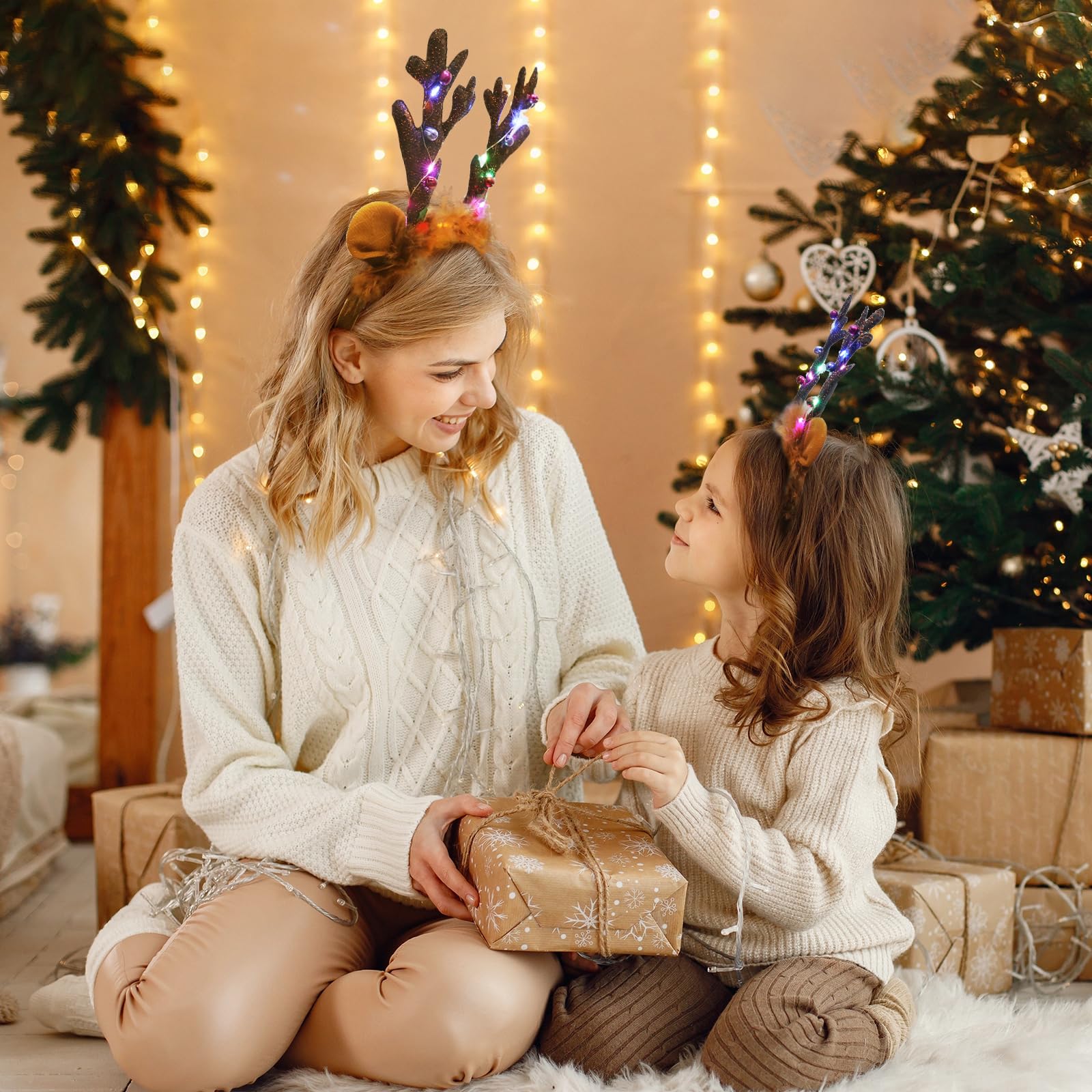 Landifor 2pcs LED Reindeer Antlers Headbands Christmas Light Up Headband Xmas LED Deer Antlers Hair Hoop Kids Adult Reindeer Ears Headwear with Bells for Xmas Party Fancy Dress - Image 2