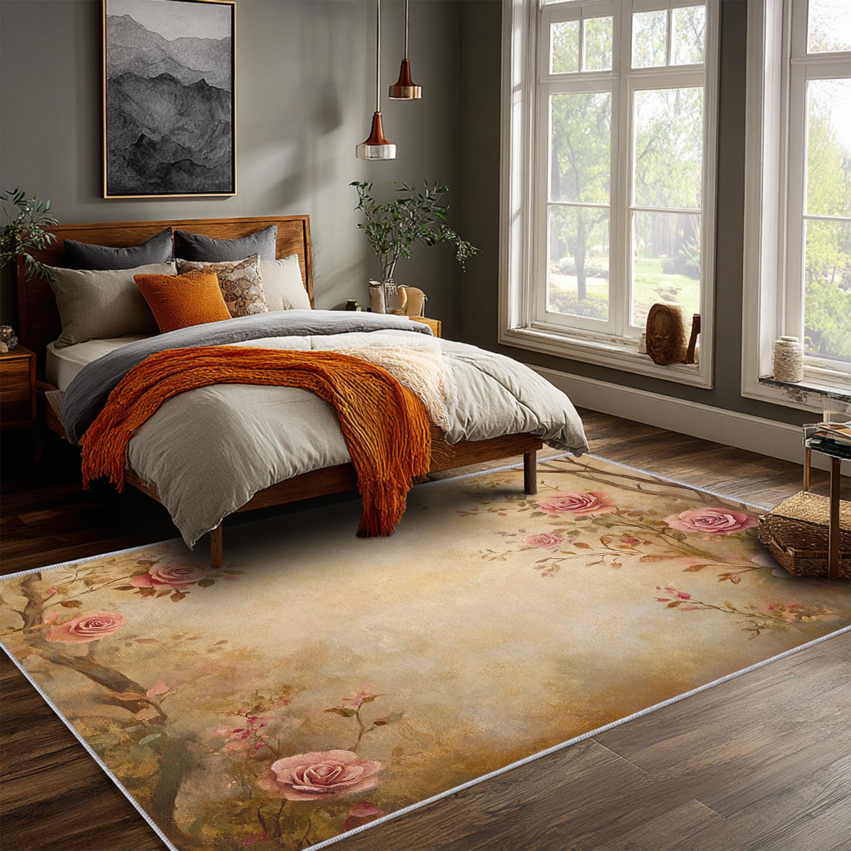 Generisch Teppich Klein Rosa Rosen Blumen 60x90 Deko Schlafzimmer, Vintage Floral Muster Teppich für Küche & Eingangsbereich, Weicher, Waschbar & rutschfest Innen Fußmatte AV213