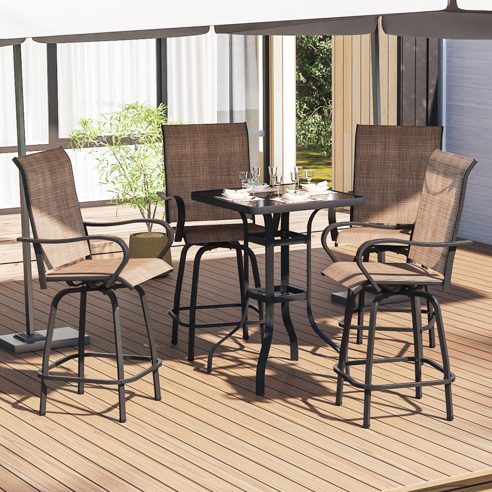 Aoxun 5 Piece Bar Height Patio Dining Set, Outdoor Table Chair Bar Set with 4 Outdoor Swivel Bar Stool Chair and One Large Glass Bar Table for Backyard, Garden, Lawn, Porch (Brown) INCOMPLETE SIMILAR TO PHOTO