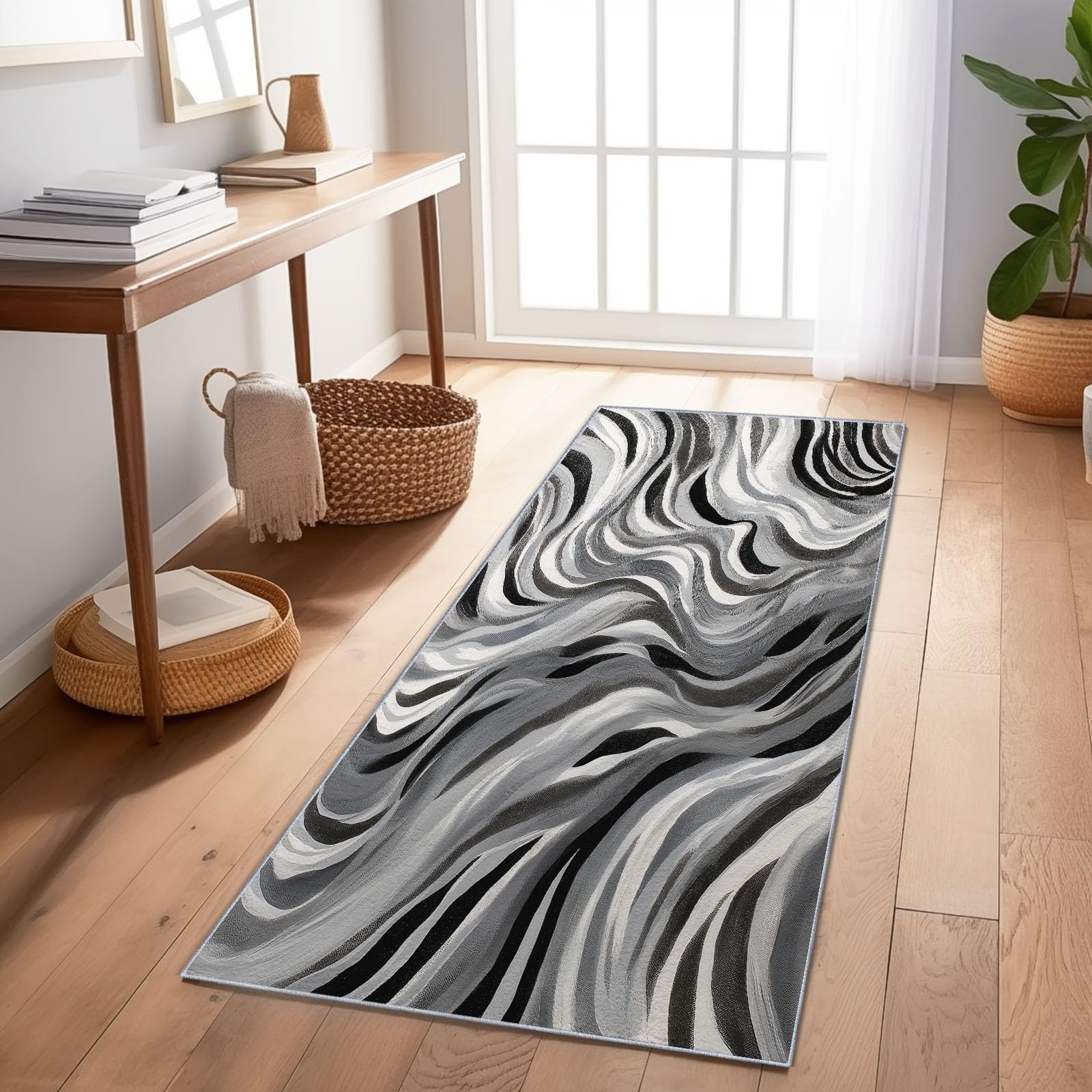 Tapis de couloir antidérapant et lavable motif abstrait noir