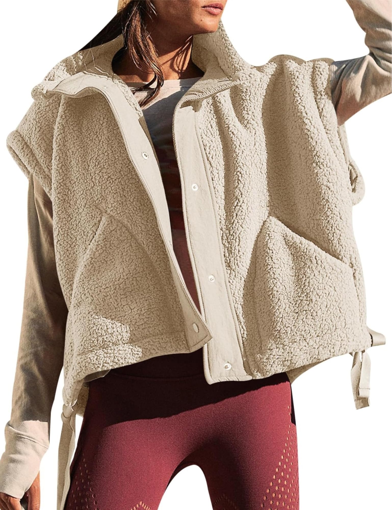 Yurci Unisex Beige Women Oversized Fleece Vest Winter Warm Stand Collar Flysleeve Fuzzy Jackets Outerwear Coat With Pockets (Color : Size : M)