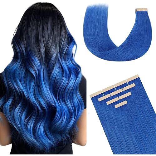 DOORES Human Hair Hair Extensions Tape ins, Blue Tape in Hair Extensions 20 Inch 30g 10pcs, Remy Human Hair Extensions Tape in Straight Hair Skin Weft