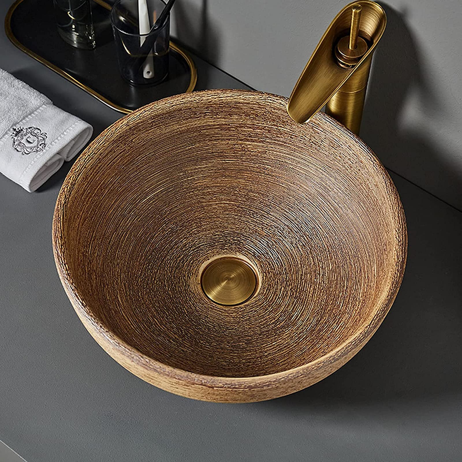 Umywalka ceramiczna nablatowa, umywalki nablatowe, okrągła miska umywalkowa z odpływem, umywalka Art Basin do szafki łazienkowej
