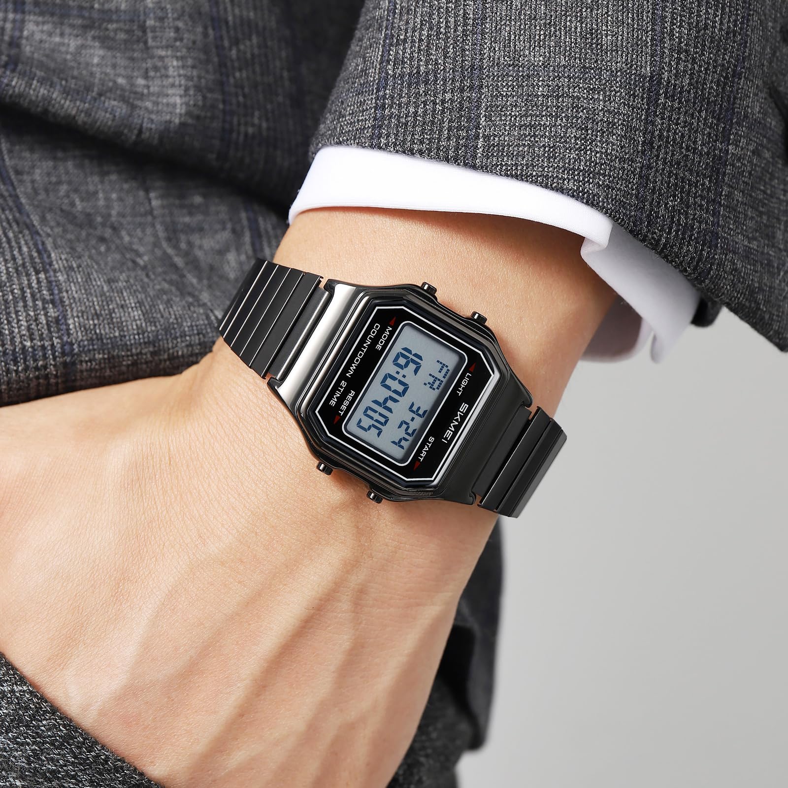 Gosasa Orologio digitale unisex con quadrante quadrato, in acciaio inox Y2K e cinturino elastico, impermeabile fino a 30 m, con retroilluminazione a LED, doppio fuso orario, sveglia, diverse opzioni