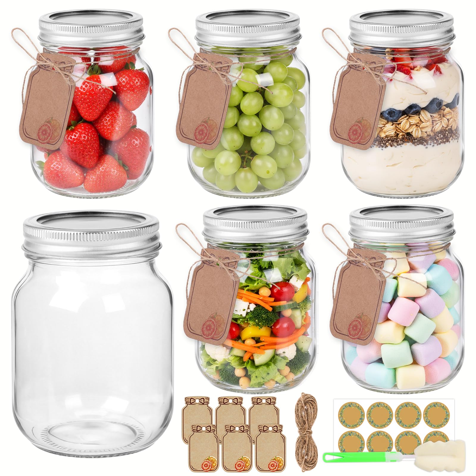 igoelove Glass Mason Jars 16oz,6 Standard-Mouth Glass Canning Jars with Silver Lids and Bands,Ideal for Overnight Oats,Homemade Jam,Pickling,Salad Meal Prep,and DIY Candle Decorating (500ml)